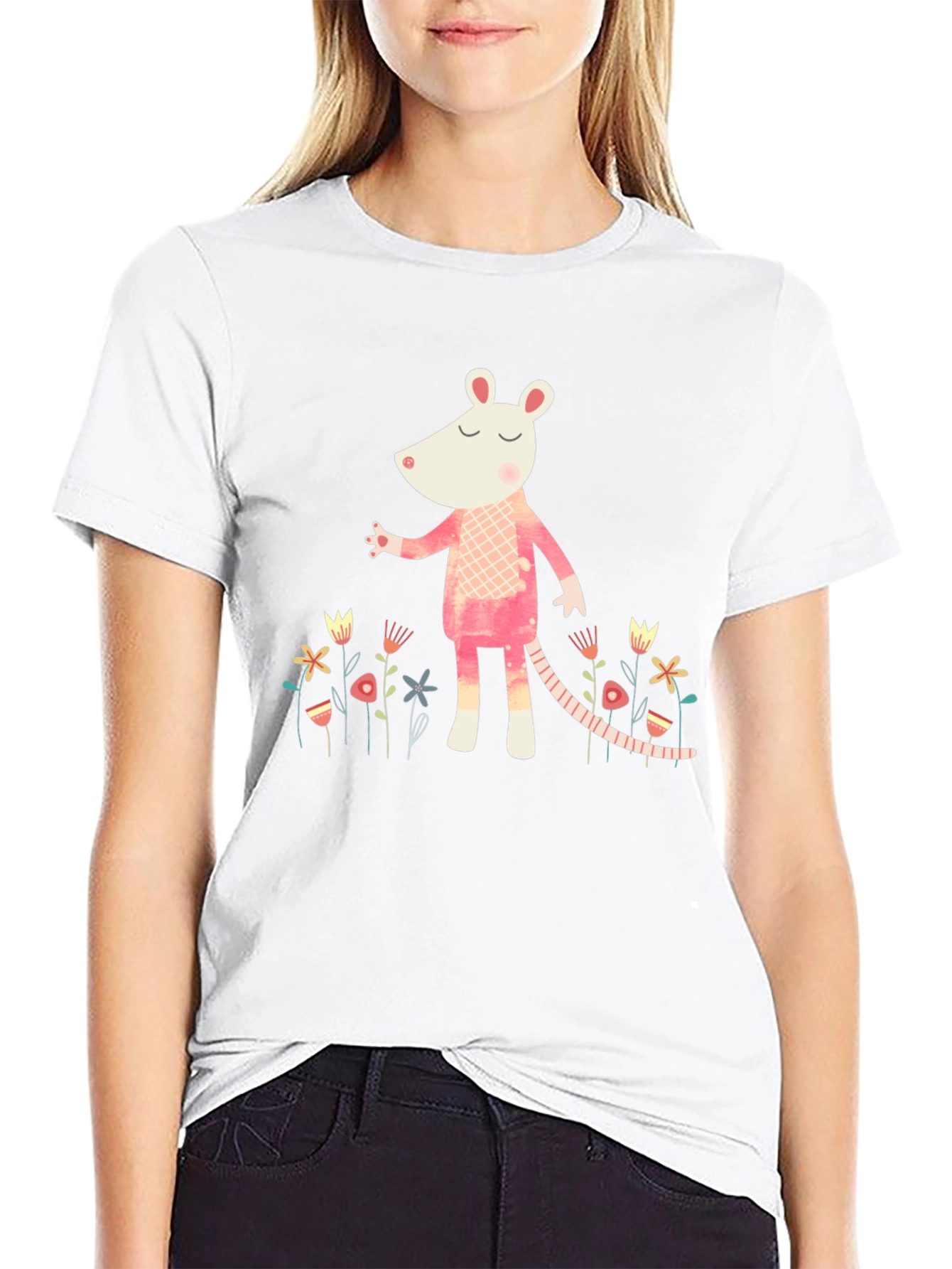 Black Whimsical Rat in Floral Garden Black T-Shirt view 9