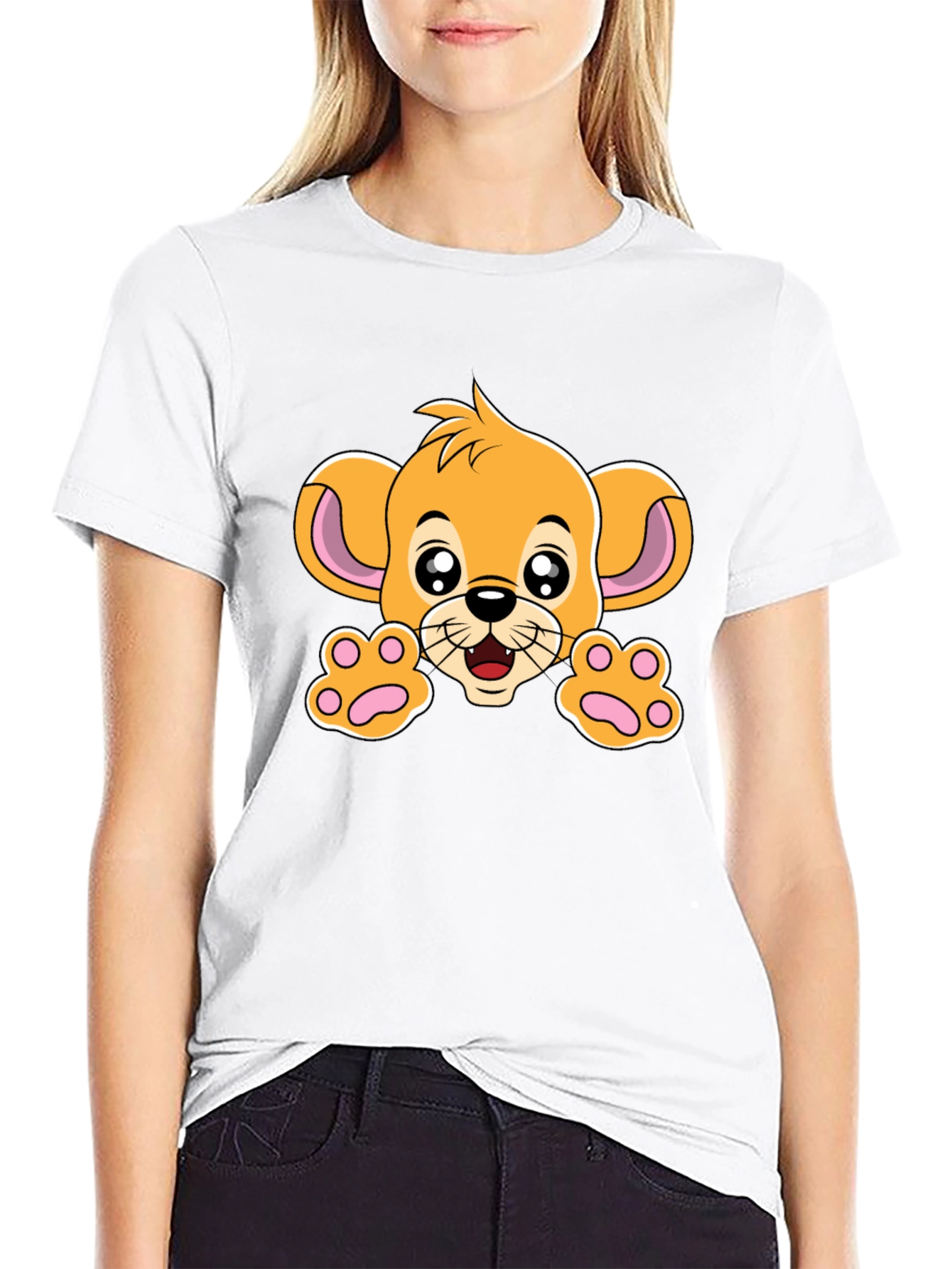 Black Cute Lion Cub Graphic Tee - Black Cotton T-Shirt view 9