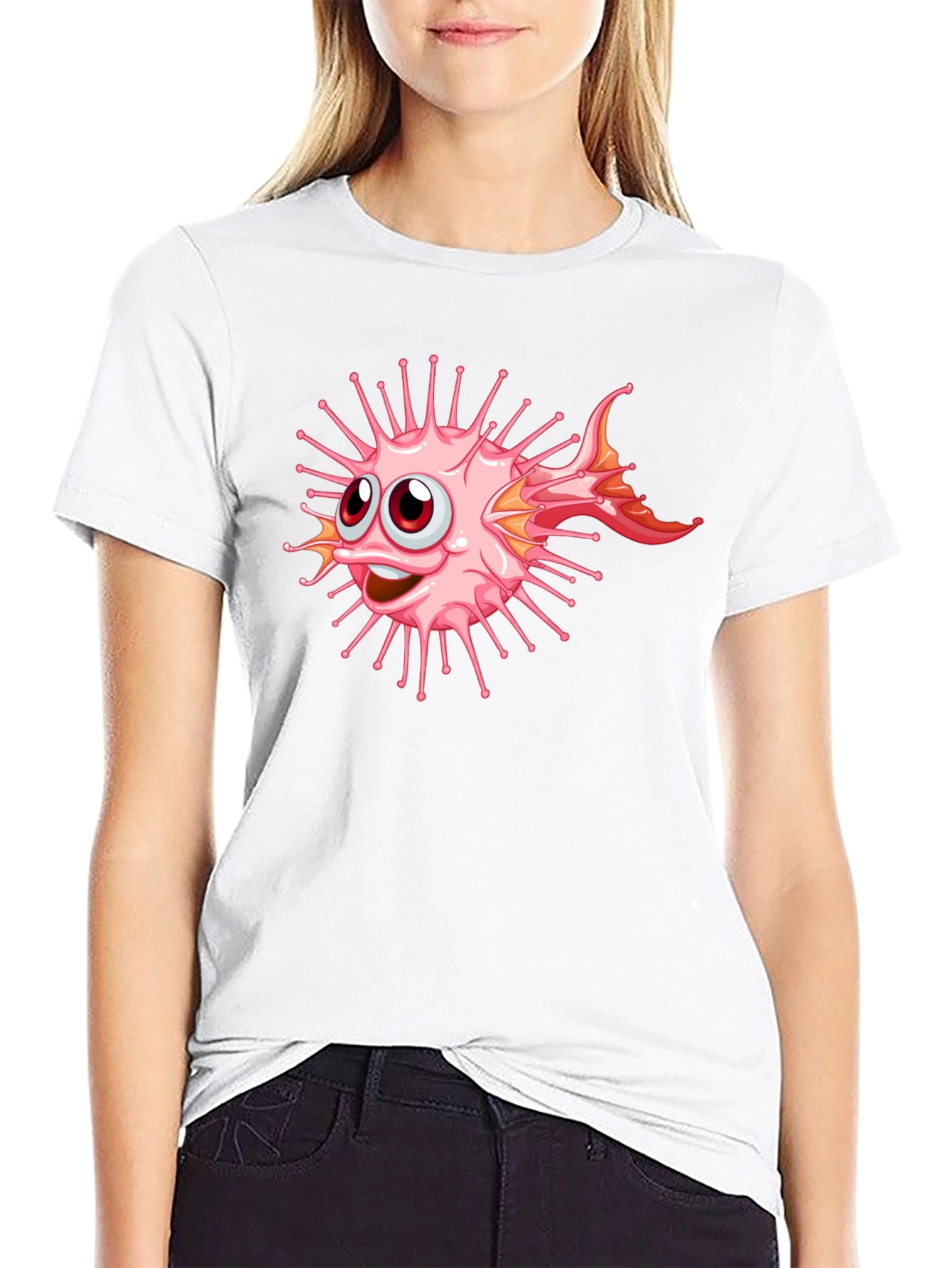 Black Cartoon Pufferfish Graphic Black T-Shirt view 9