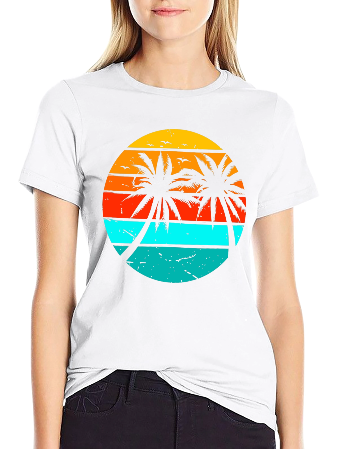 Black Retro Sunset Palm Tree Graphic T-Shirt view 9