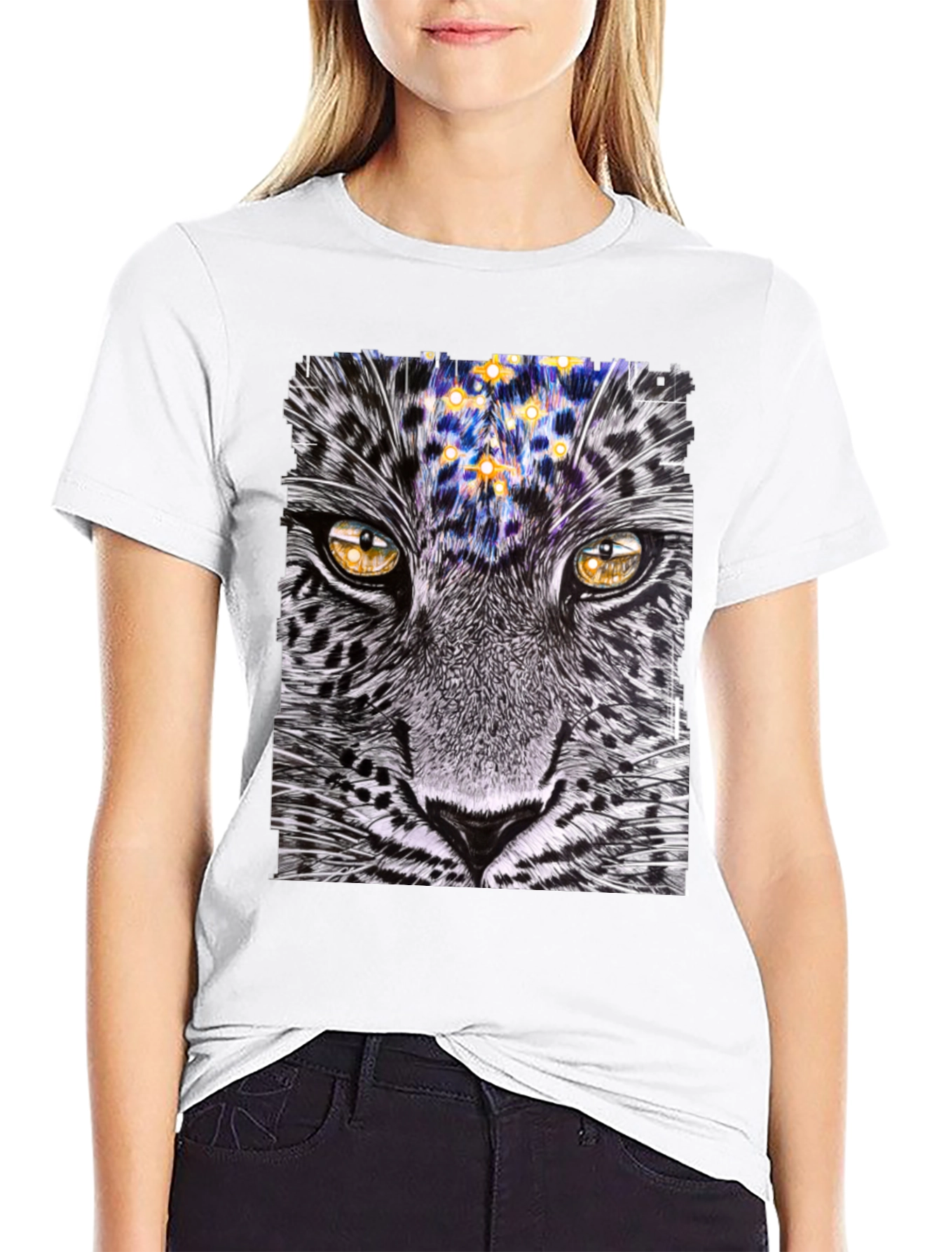 Black Leopard Stargazer Graphic T-Shirt - Unique Animal Print Tee view 9