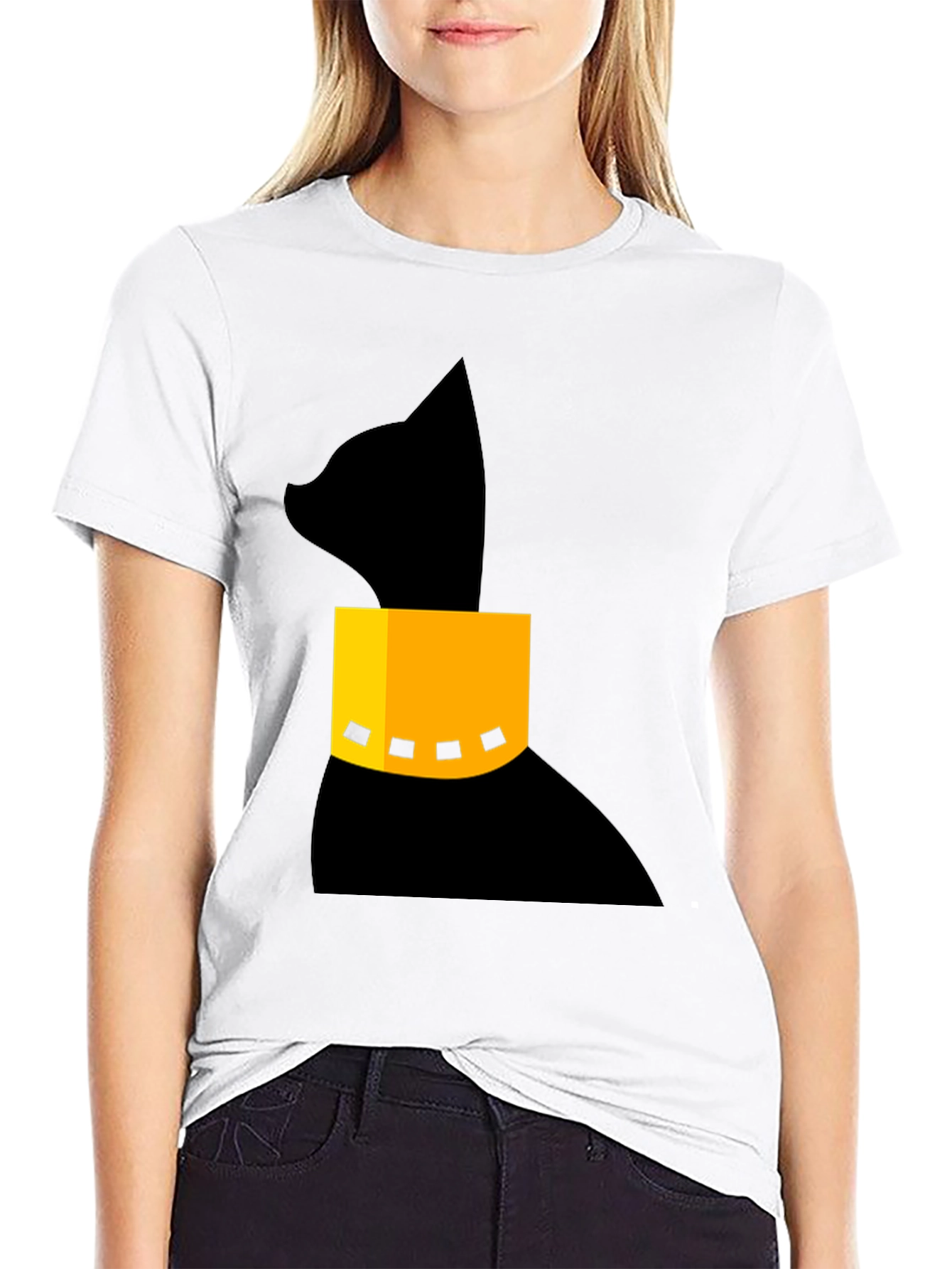 Black Modern Black Cat T-Shirt with Geometric Collar view 9