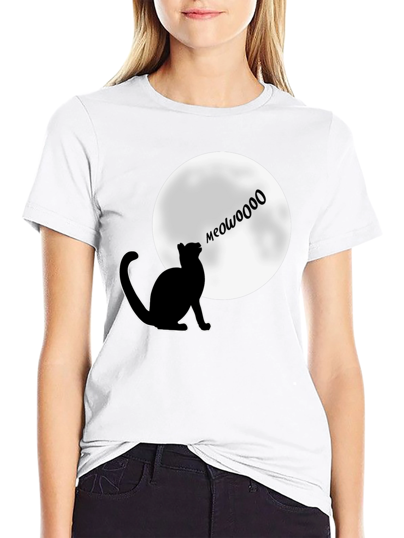 Black Meow at the Moon T-Shirt - Black, Cat Lover Tee view 9
