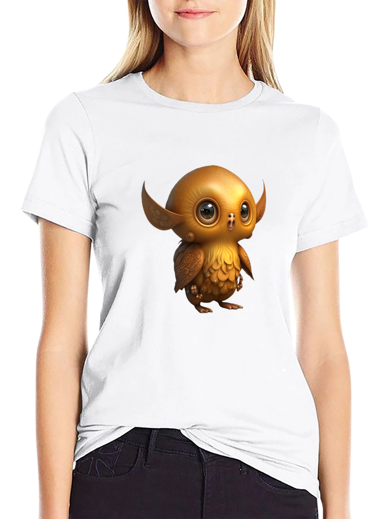 Black Cute Golden Owl Creature Graphic Tee view 9