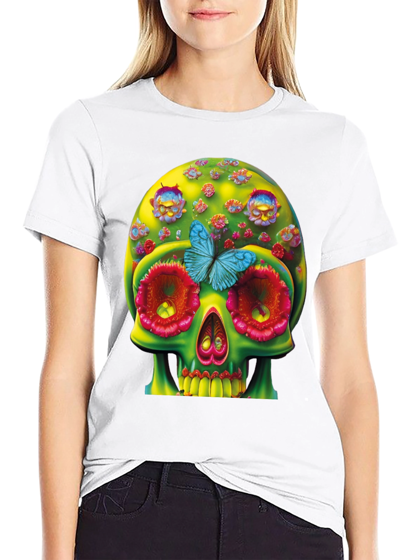 Black Floral Skull T-Shirt - Unique Graphic Tee view 9