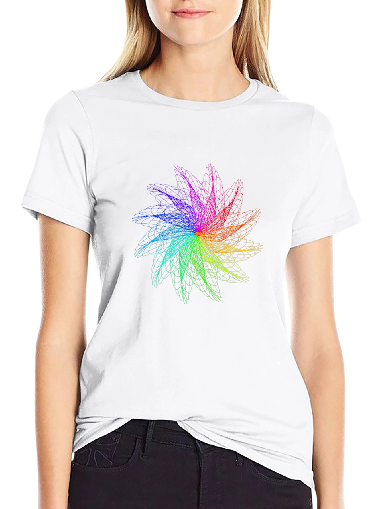 Black Rainbow Fractal Flower Graphic Black T-Shirt view 9