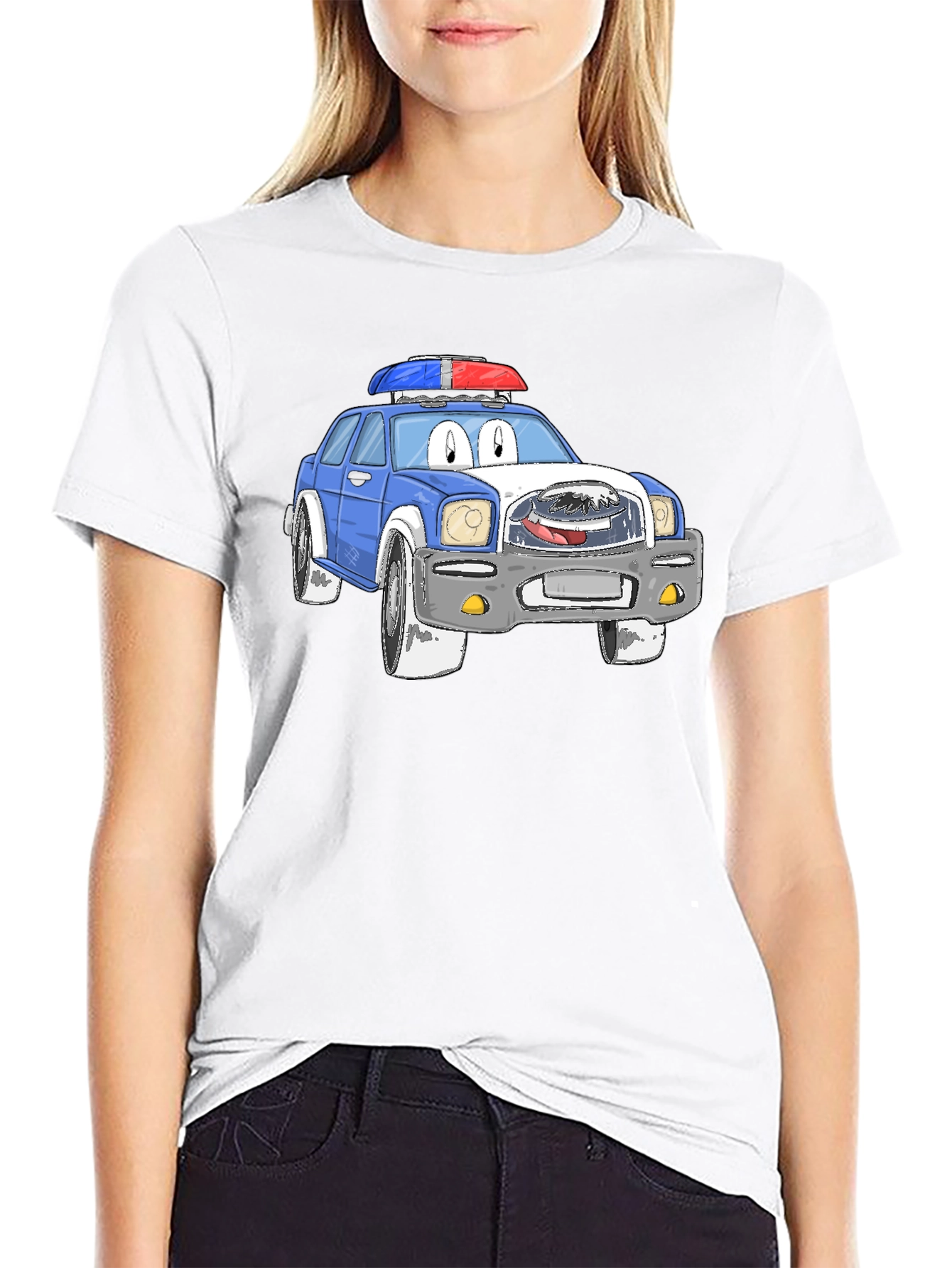 Black Cartoon Police Car Graphic T-Shirt view 9