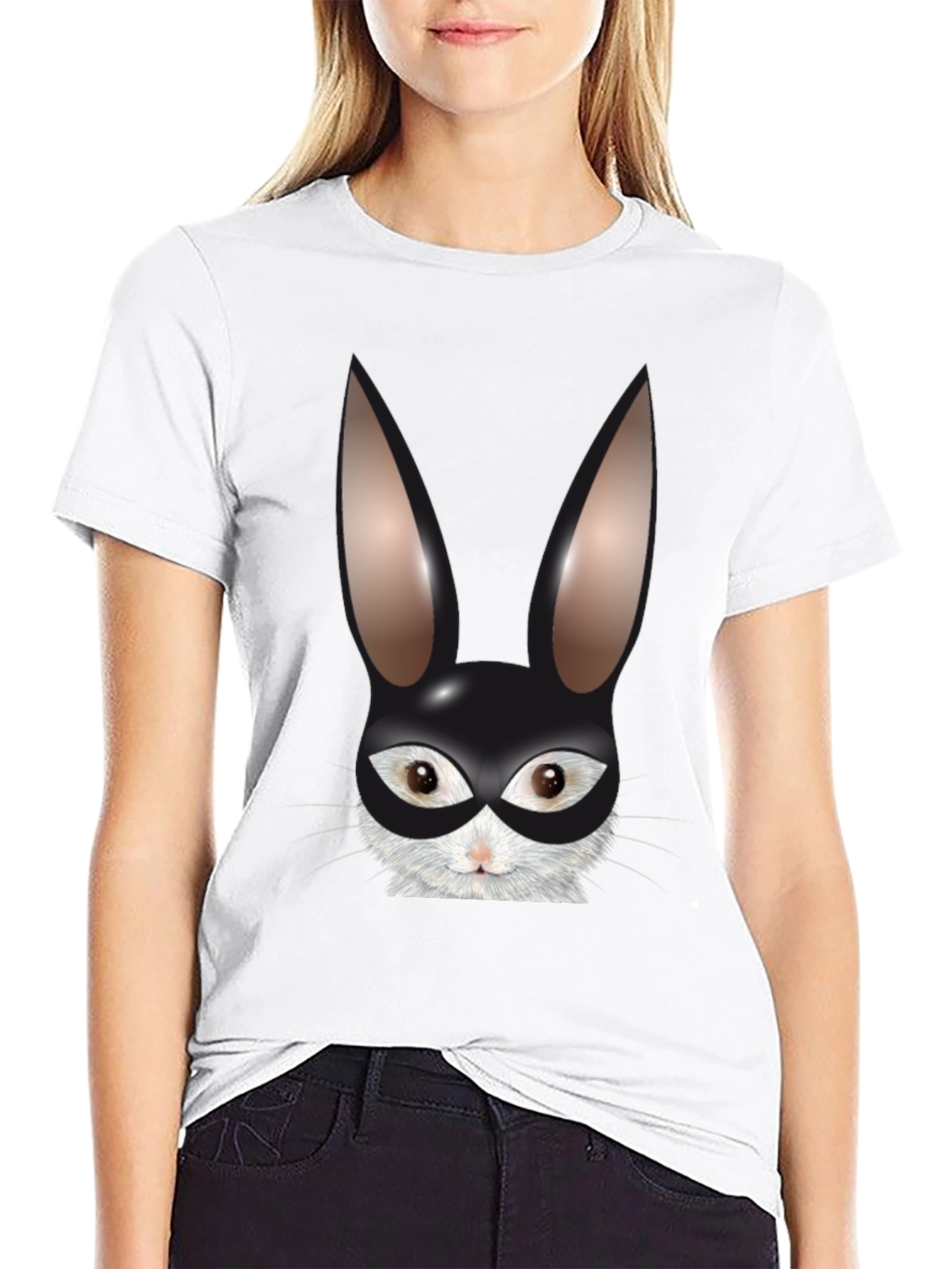 Black Bunny Mask Graphic Tee - Black Cotton Blend T-Shirt view 9