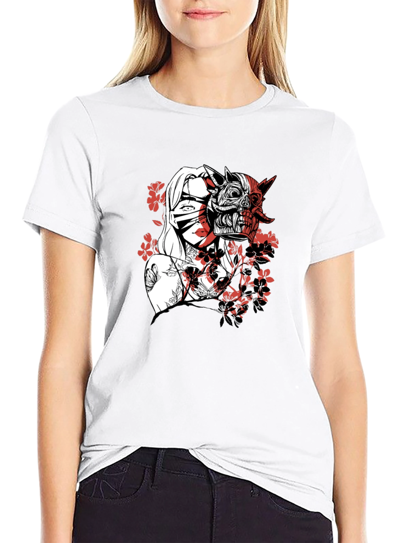 Black Men's Graphic Tee - Samurai Girl & Skull Design view 9