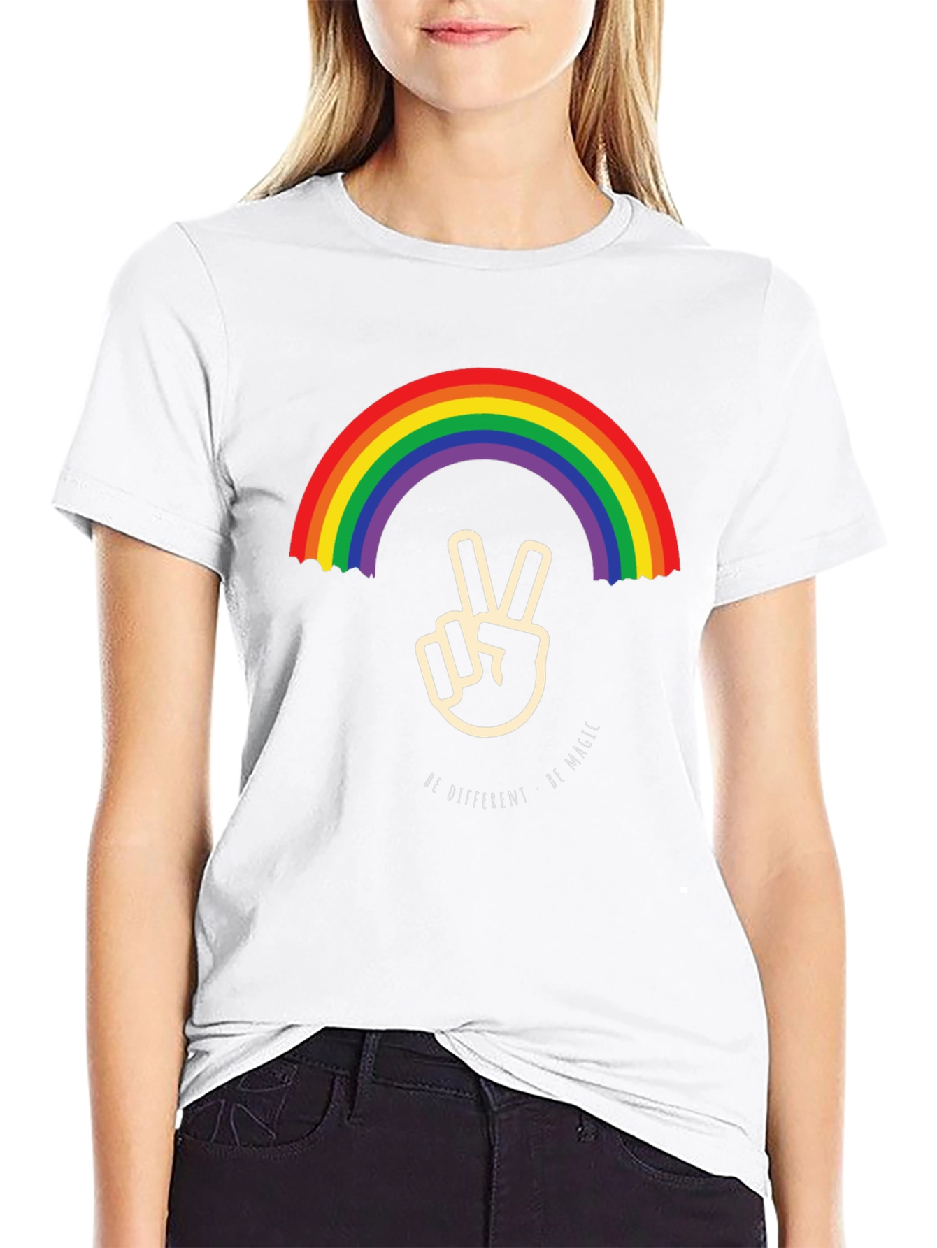 Black Rainbow Peace Sign Graphic Tee - Be Different, Be Magic view 9