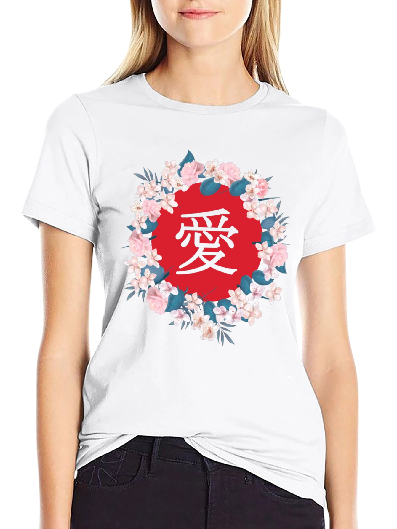 Black Floral Japanese Love Graphic T-Shirt view 9