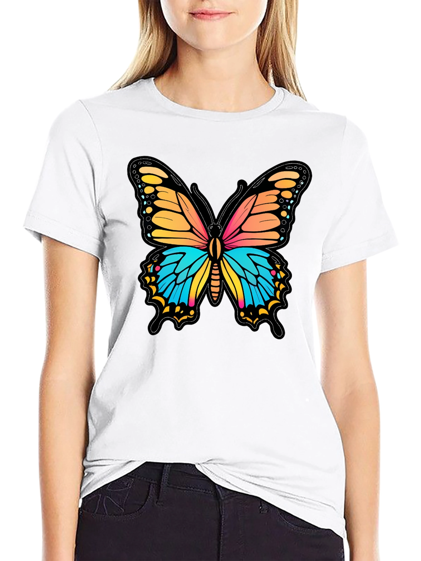 Black Vibrant Butterfly Graphic Print Black T-Shirt view 9