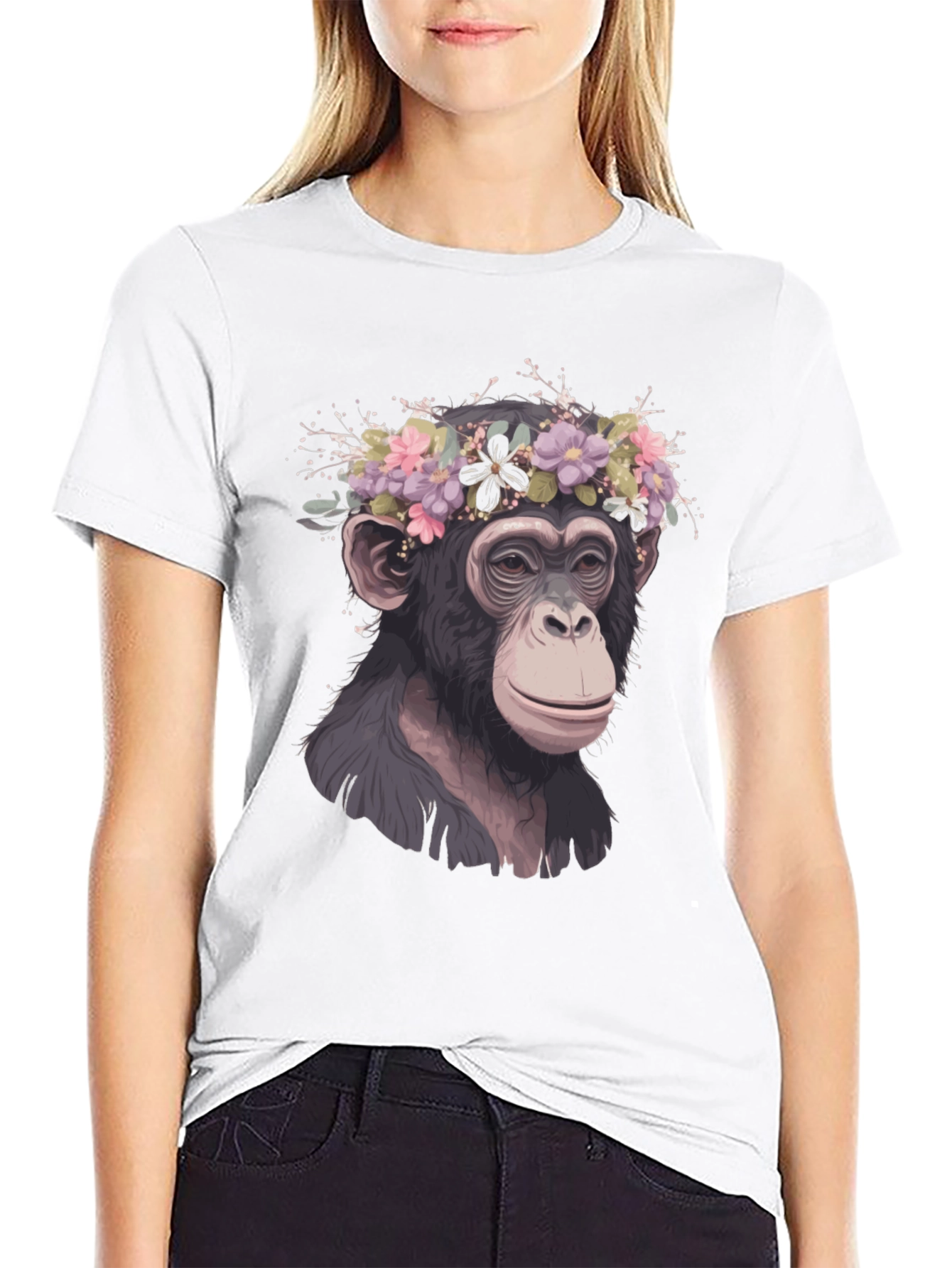 Black Monkey Flower Crown T-Shirt - Artistic Animal Tee view 9
