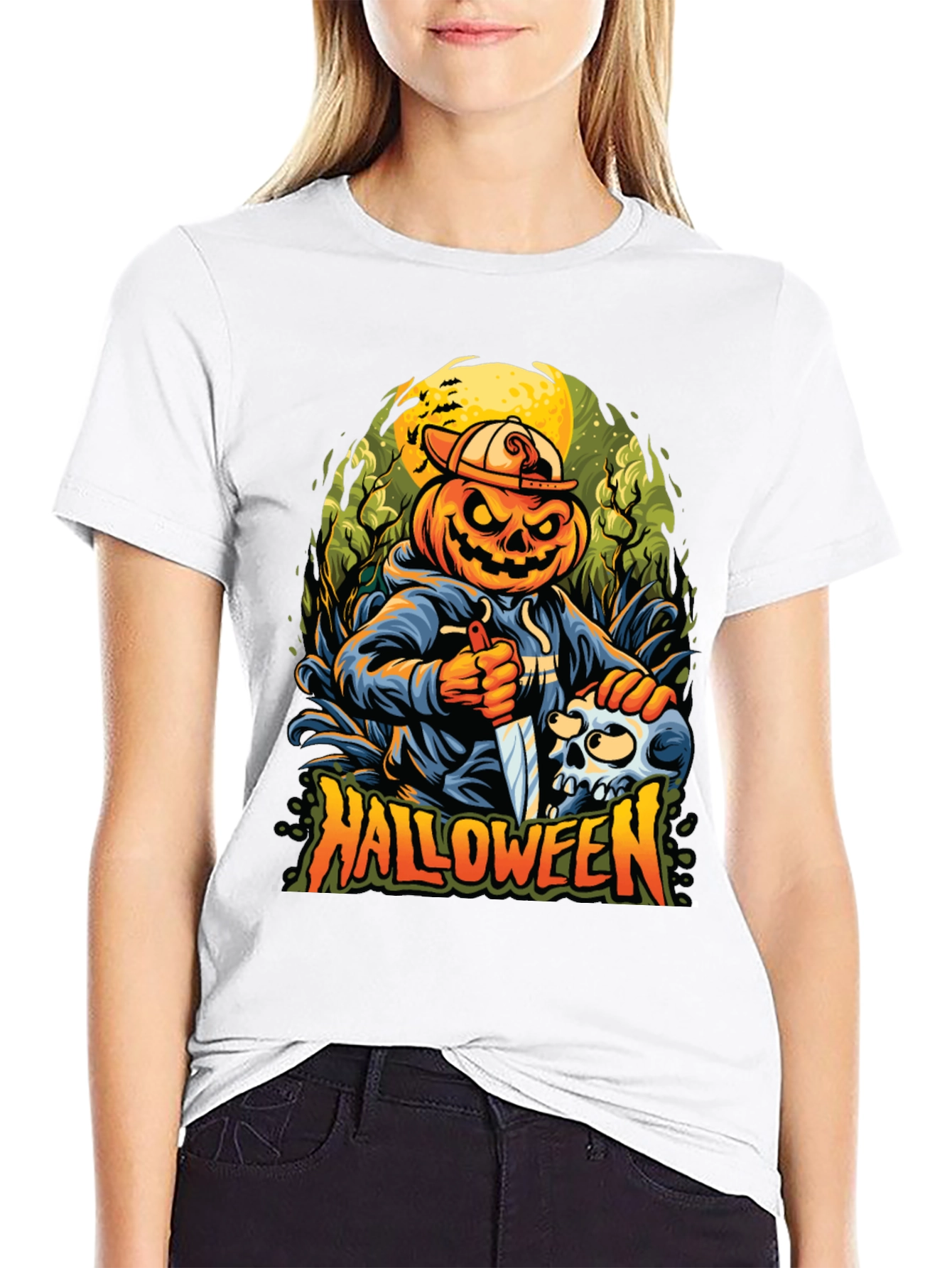 Black Halloween Pumpkin Skull Graphic Tee view 9