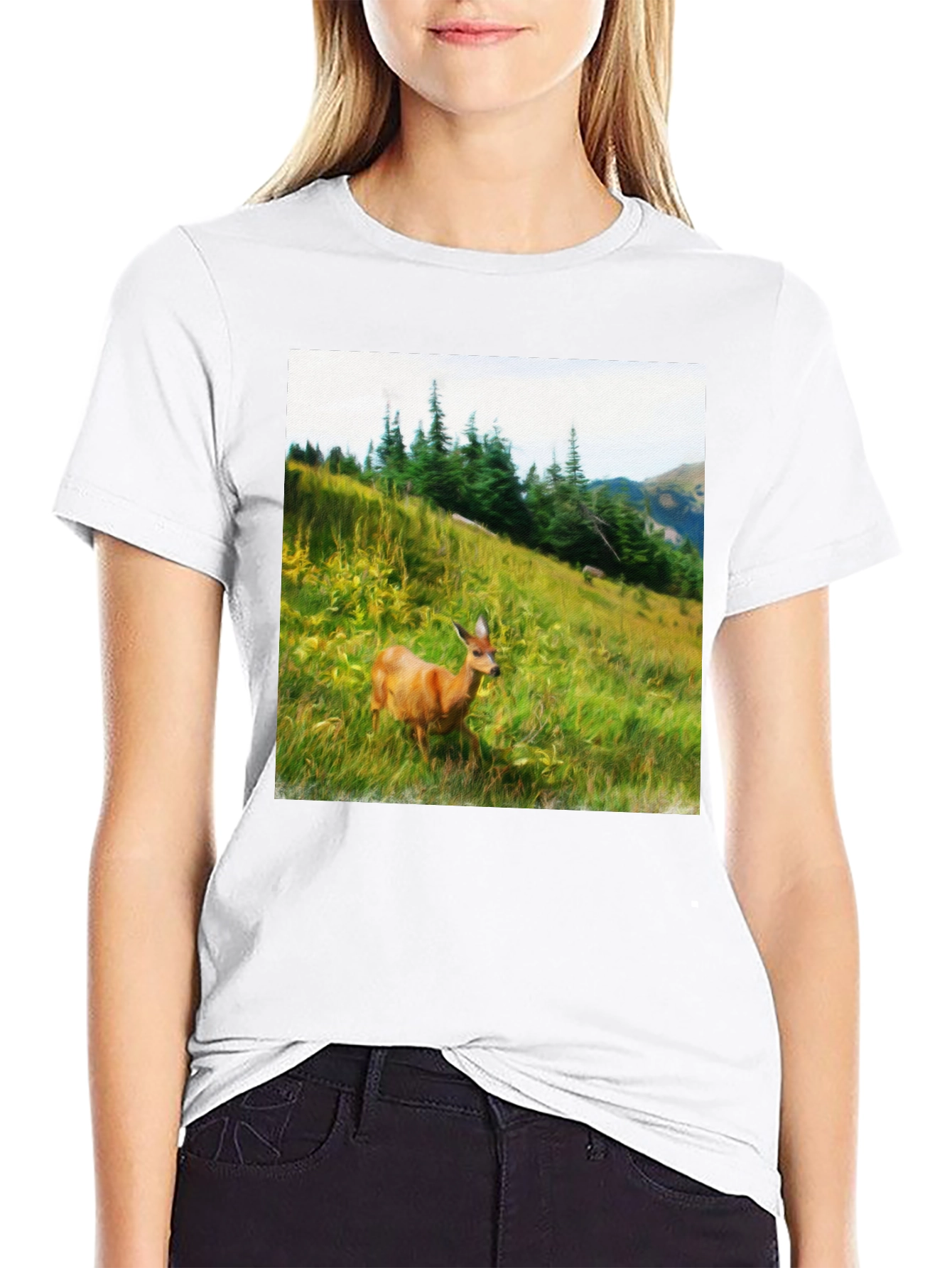 Black Nature Scene Deer Graphic Tee - Unisex Black T-Shirt view 9