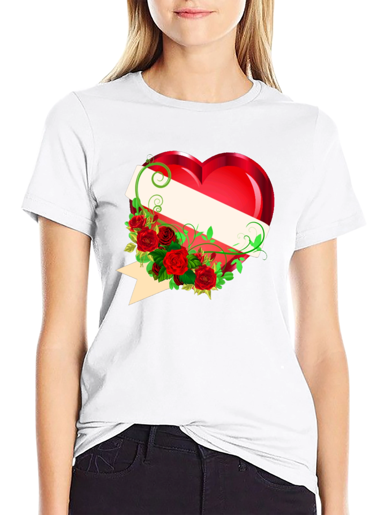 Black Heart & Roses Graphic Tee - Romantic Design T-Shirt view 9