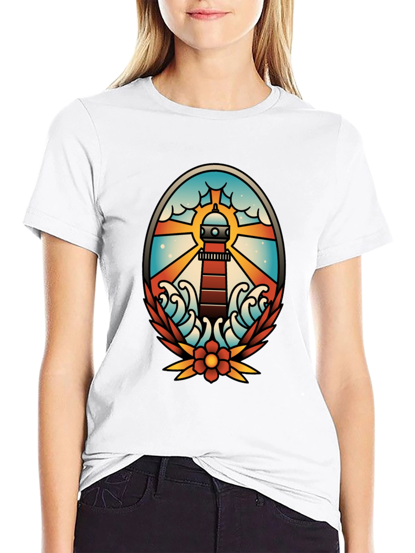 Black Lighthouse Tattoo Graphic T-Shirt - Black view 9