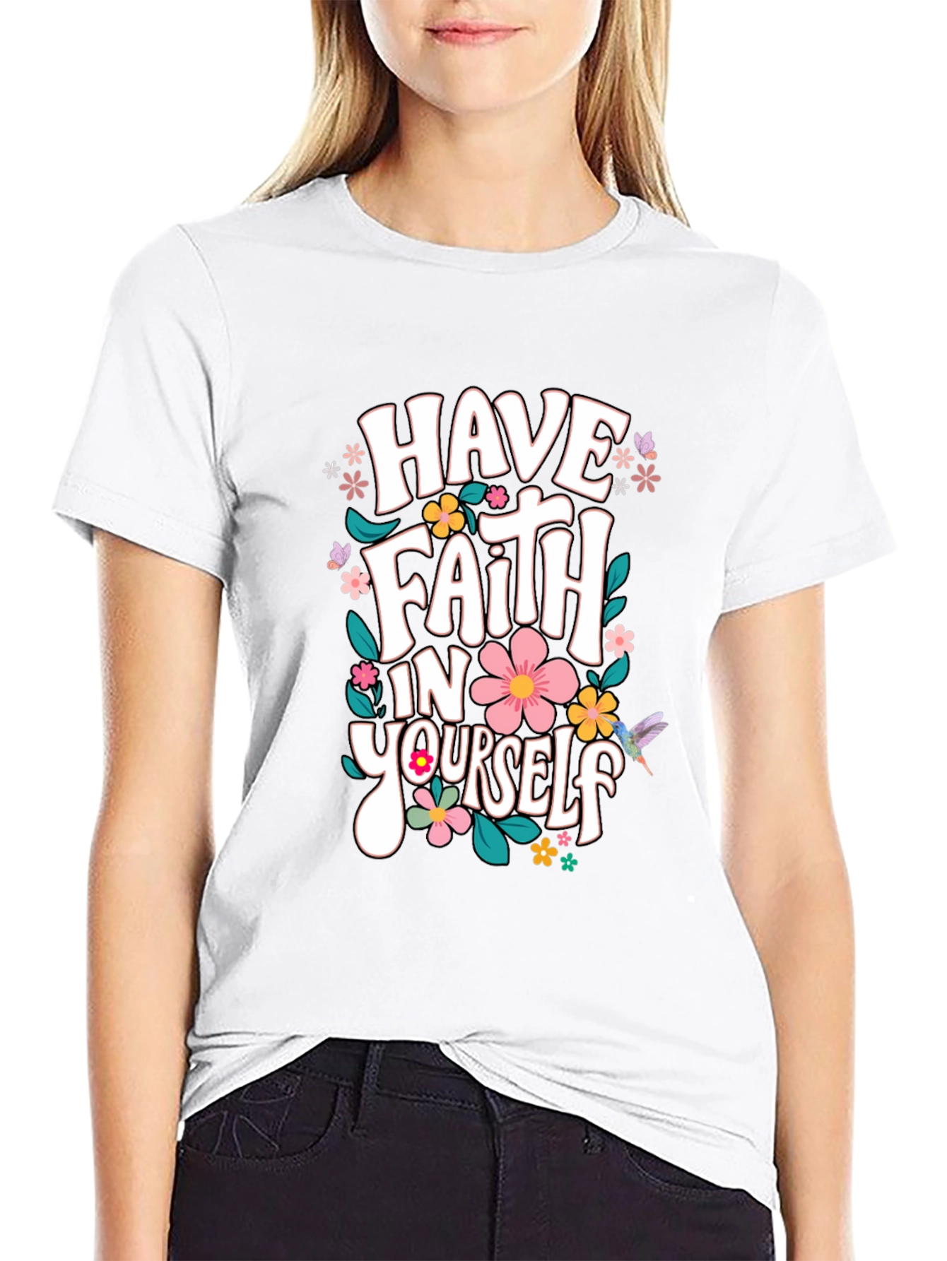 Black Faith In Yourself T-Shirt, Floral Design, Black view 9