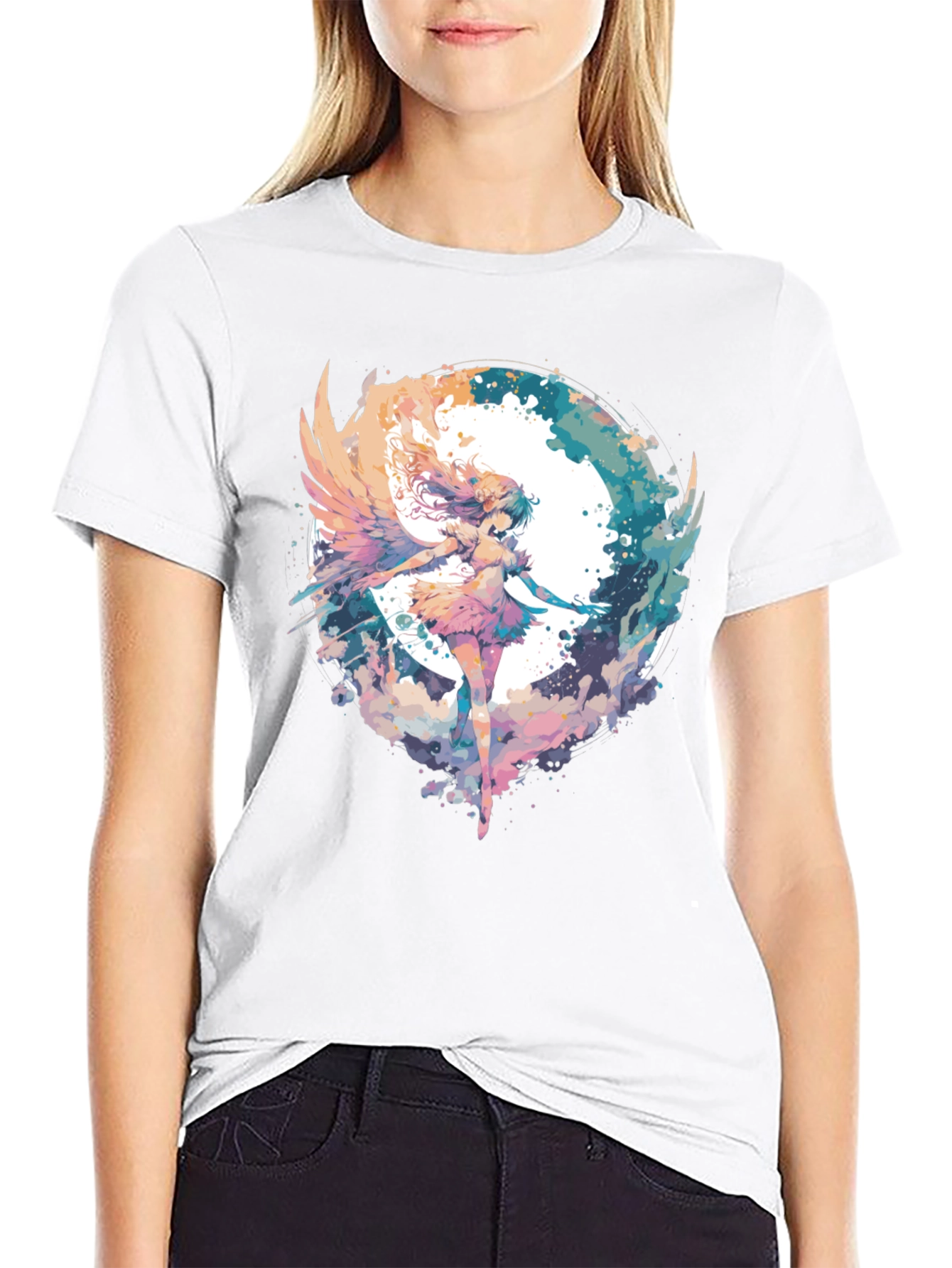Black Anime Angel Wings T-Shirt - Watercolor Style view 9