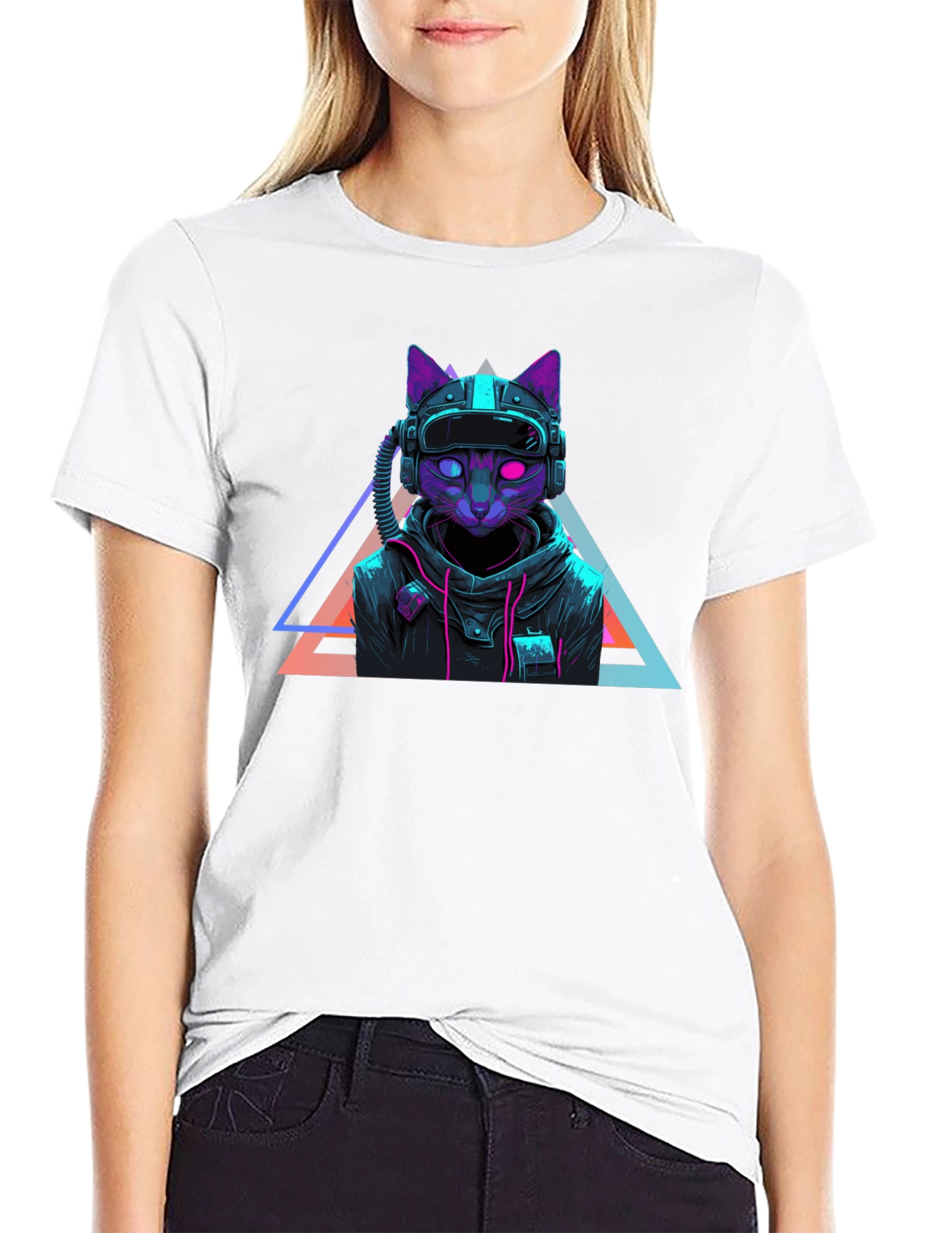 Black Cyberpunk Cat T-Shirt - Futuristic Neon Design view 9