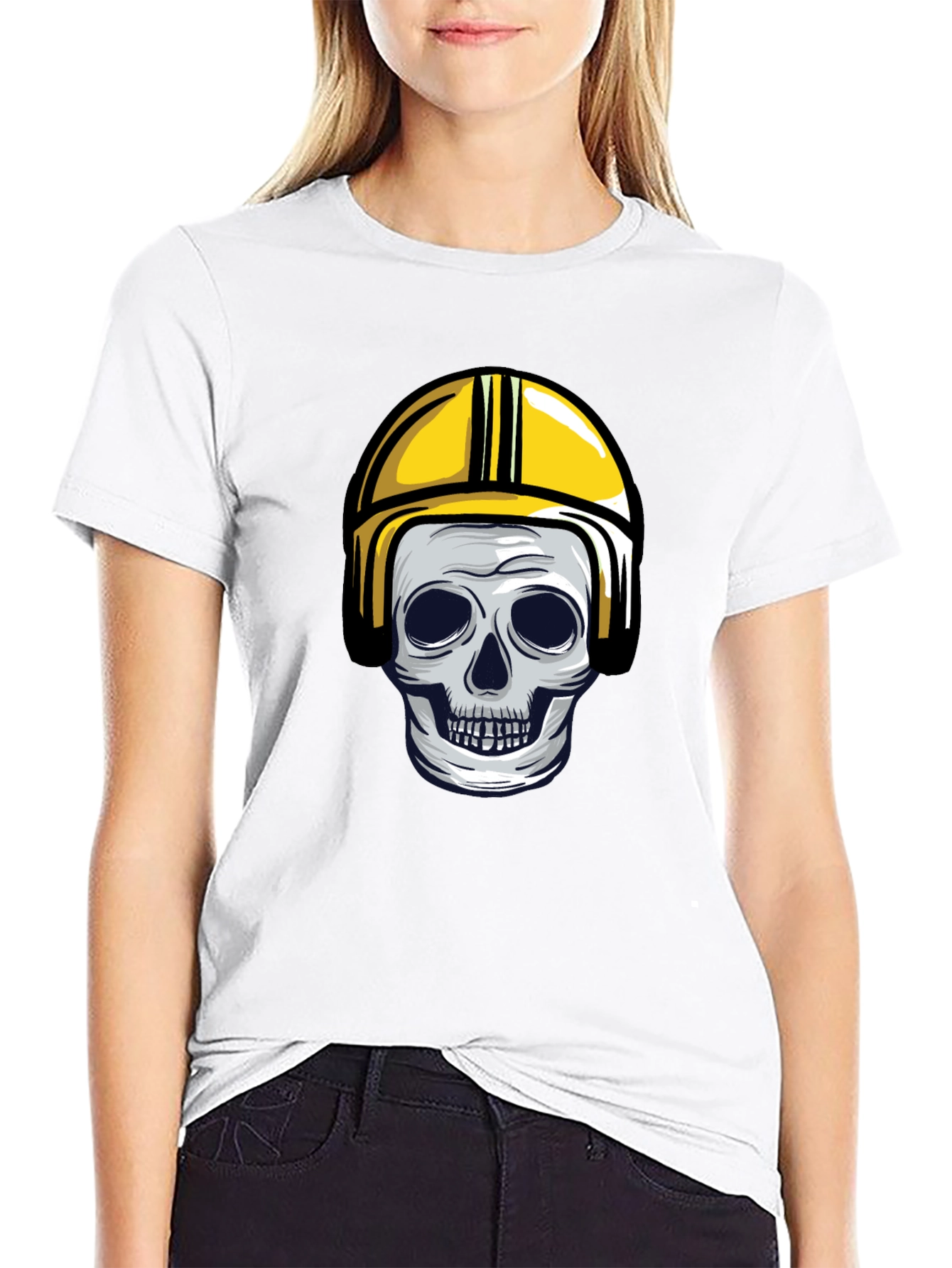 Black Skull in Yellow Helmet Graphic Tee view 9
