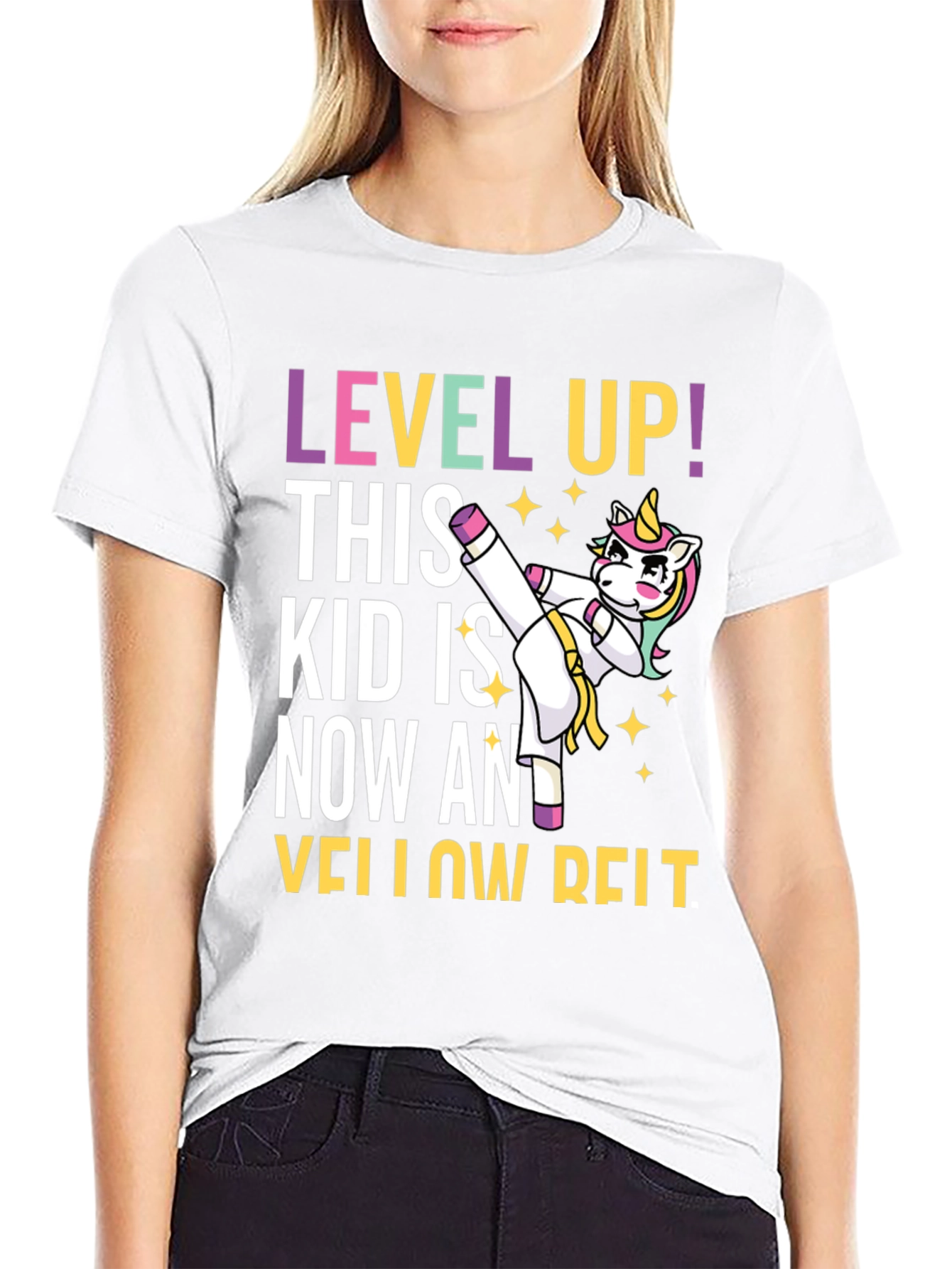 Black Level Up Yellow Belt Unicorn T-Shirt view 9
