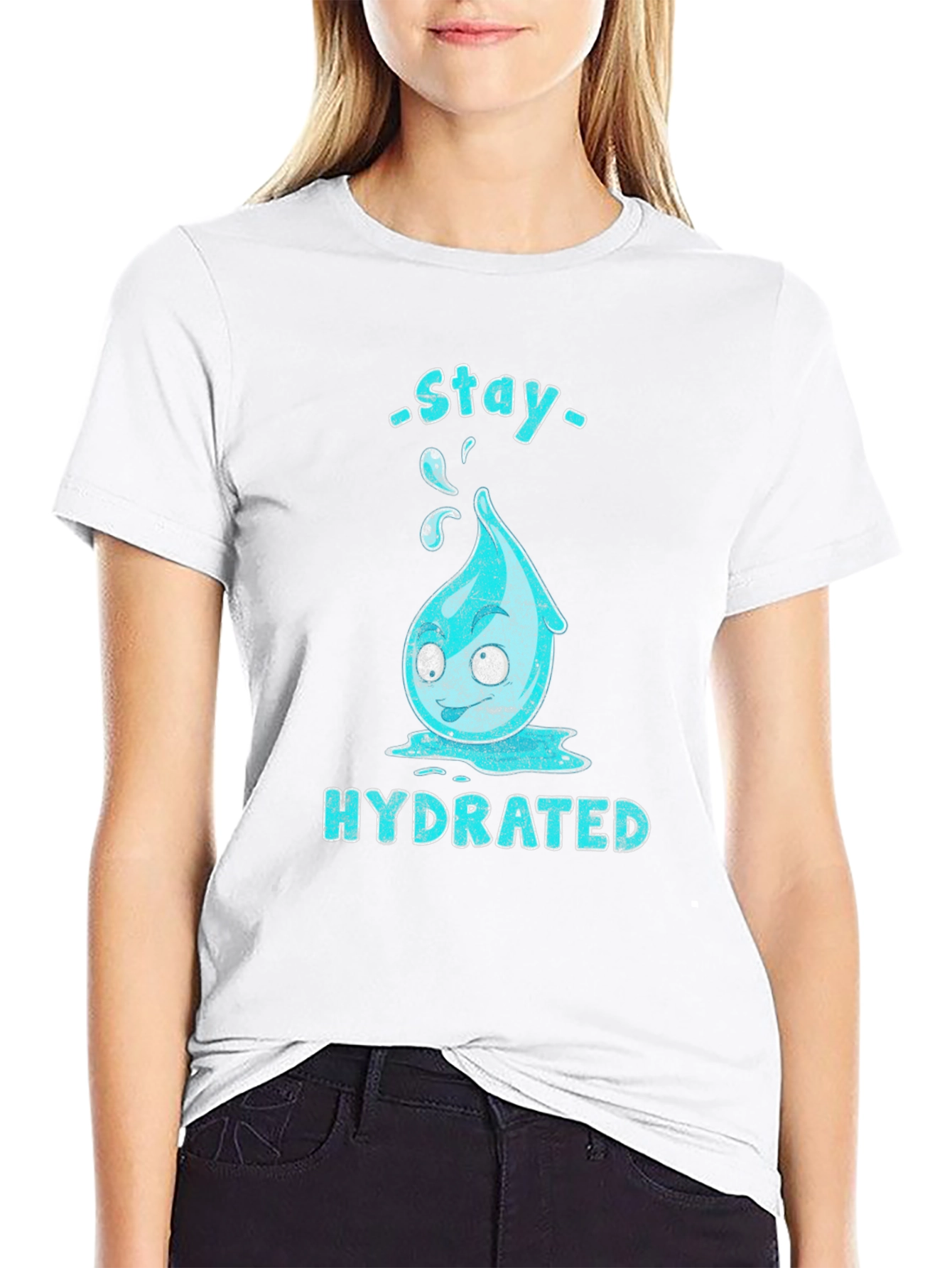 Black Stay Hydrated Cartoon Waterdrop Graphic T-Shirt view 9