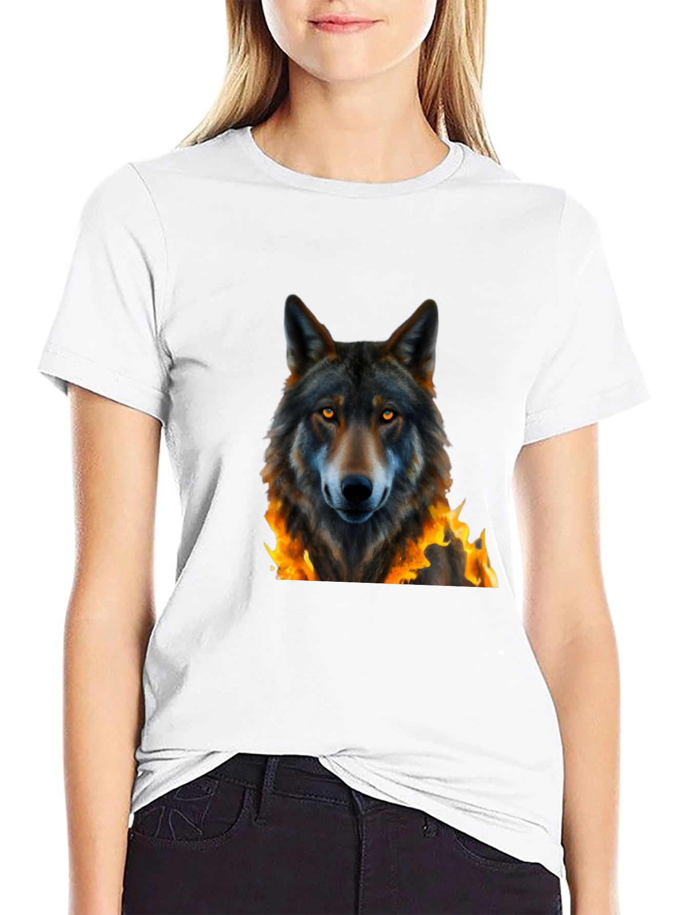 Black Fiery Wolf Graphic Tee - Black Cotton T-Shirt view 9