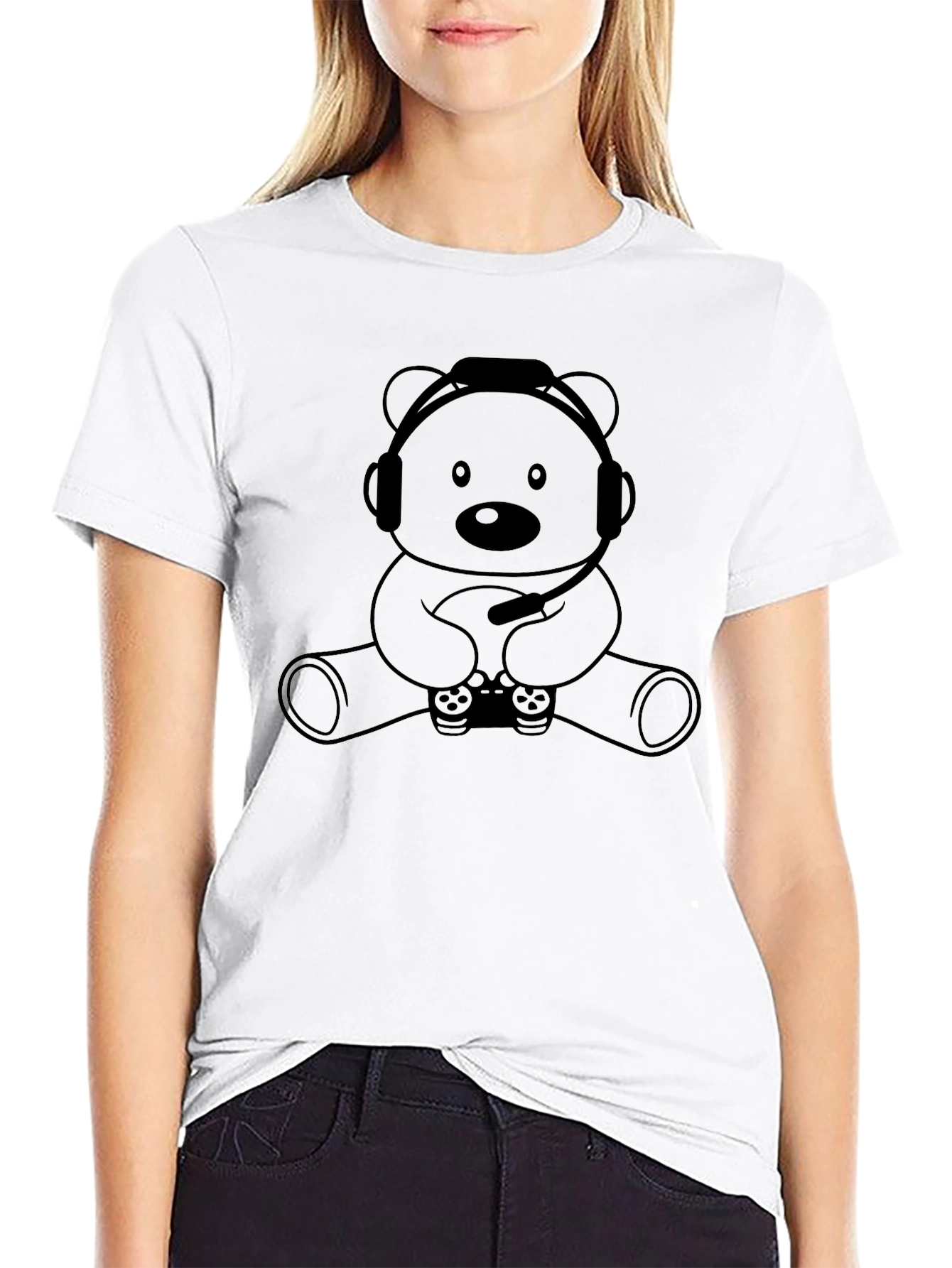 Black Gamer Bear Graphic Tee - Black Cotton T-Shirt view 9