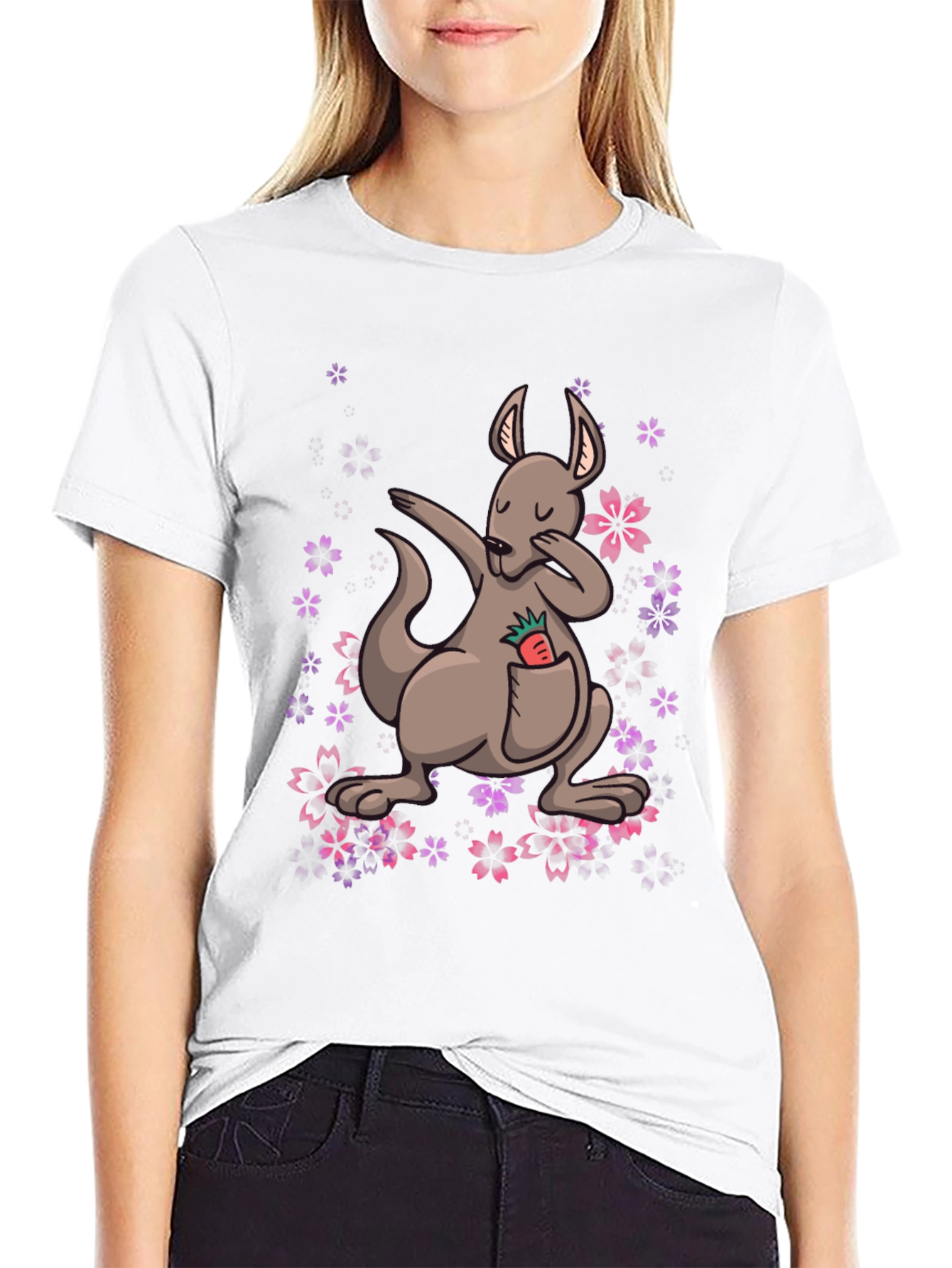 Black Dabbing Kangaroo Floral T-Shirt - Unique Graphic Tee view 9