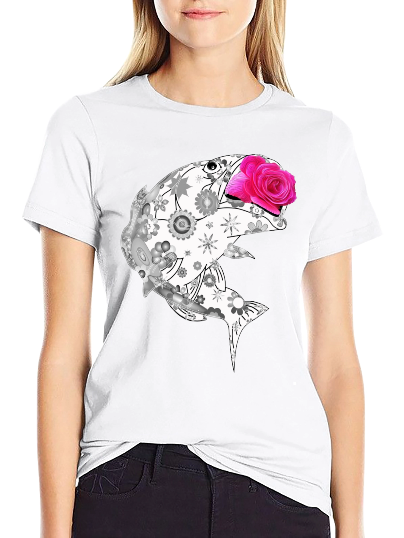 Black Floral Fish Graphic Tee - Stylish Casual Wear view 9