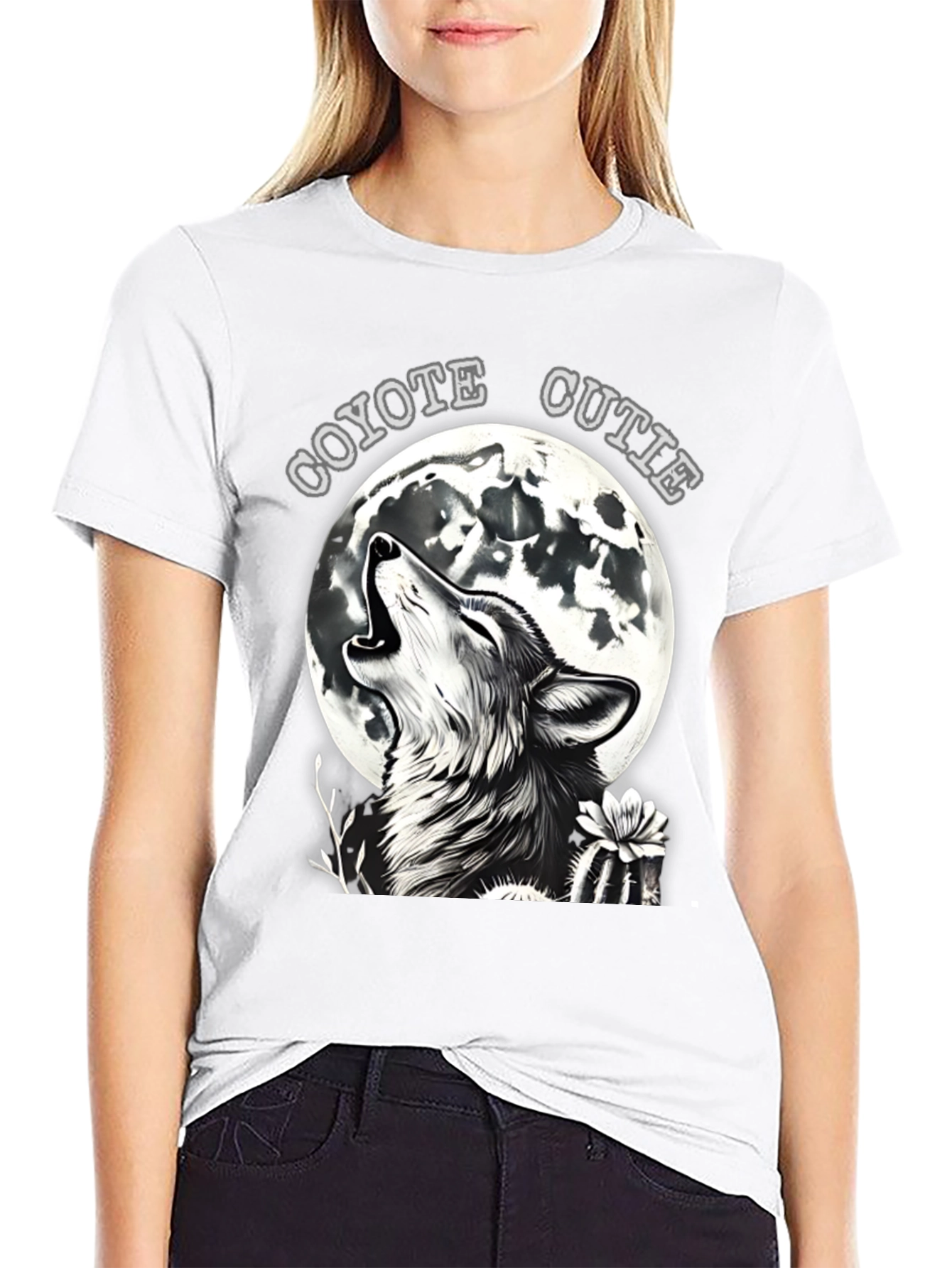 Black Coyote Cutie T-Shirt - Wolf Howling at Moon view 9