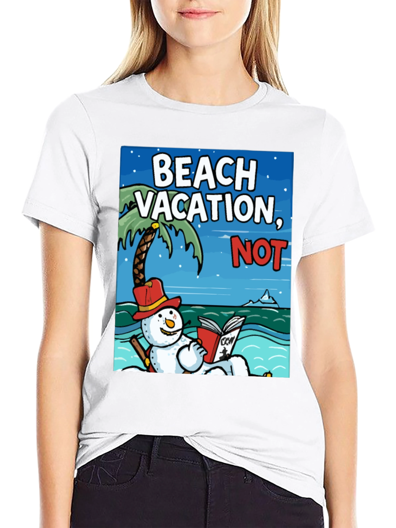 Black Beach Vacation NOT! Funny Snowman Holiday T-Shirt view 9