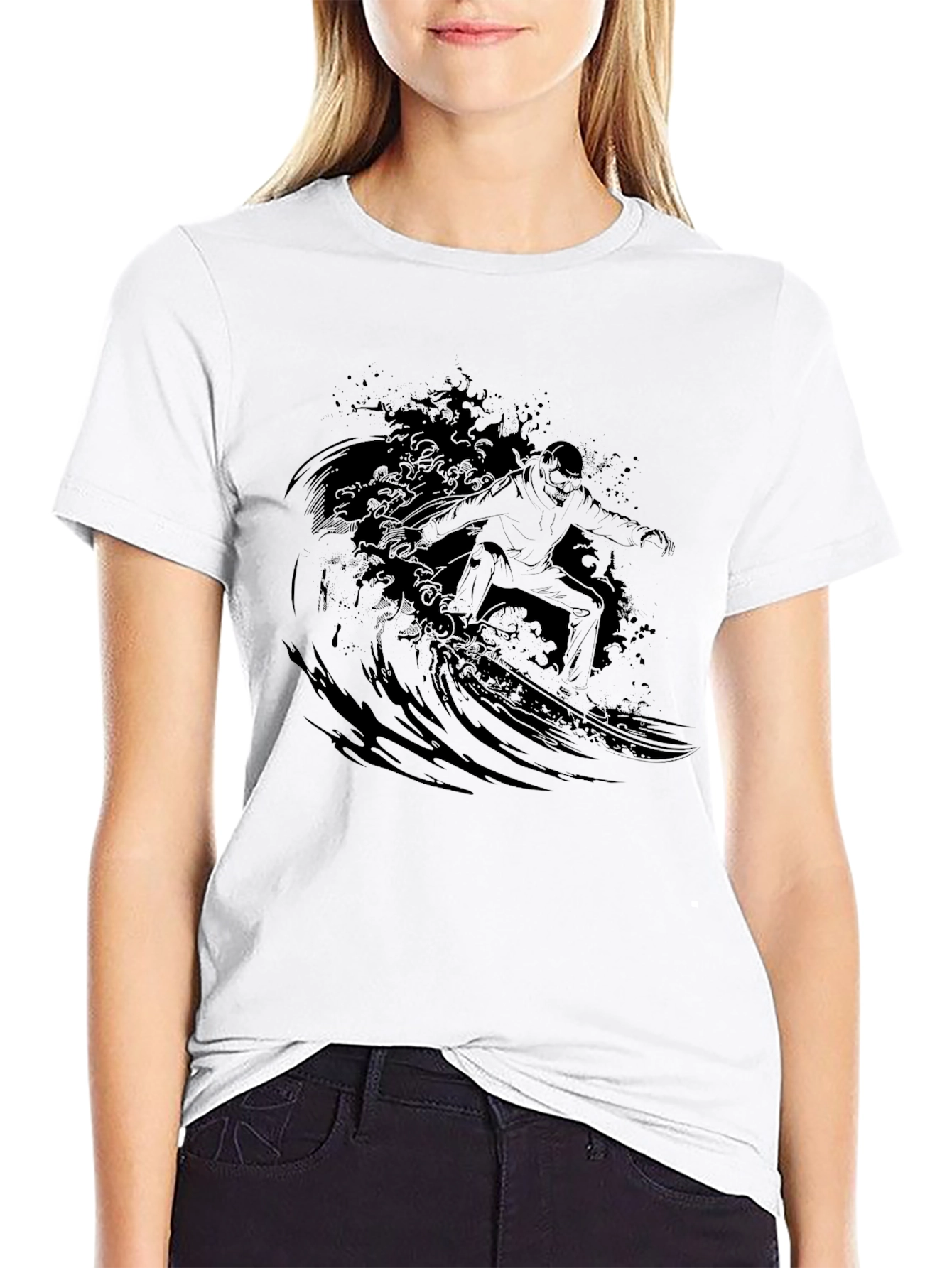 Black Surfer Wave Graphic Black T-Shirt view 9