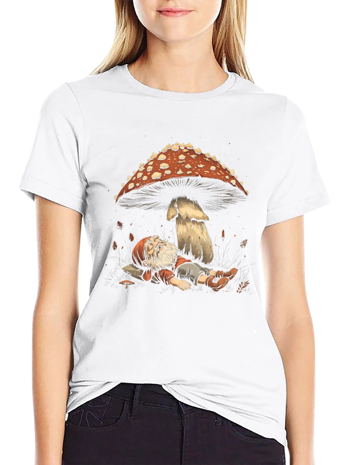 Black Whimsical Gnome Resting Under Mushroom Tee view 9