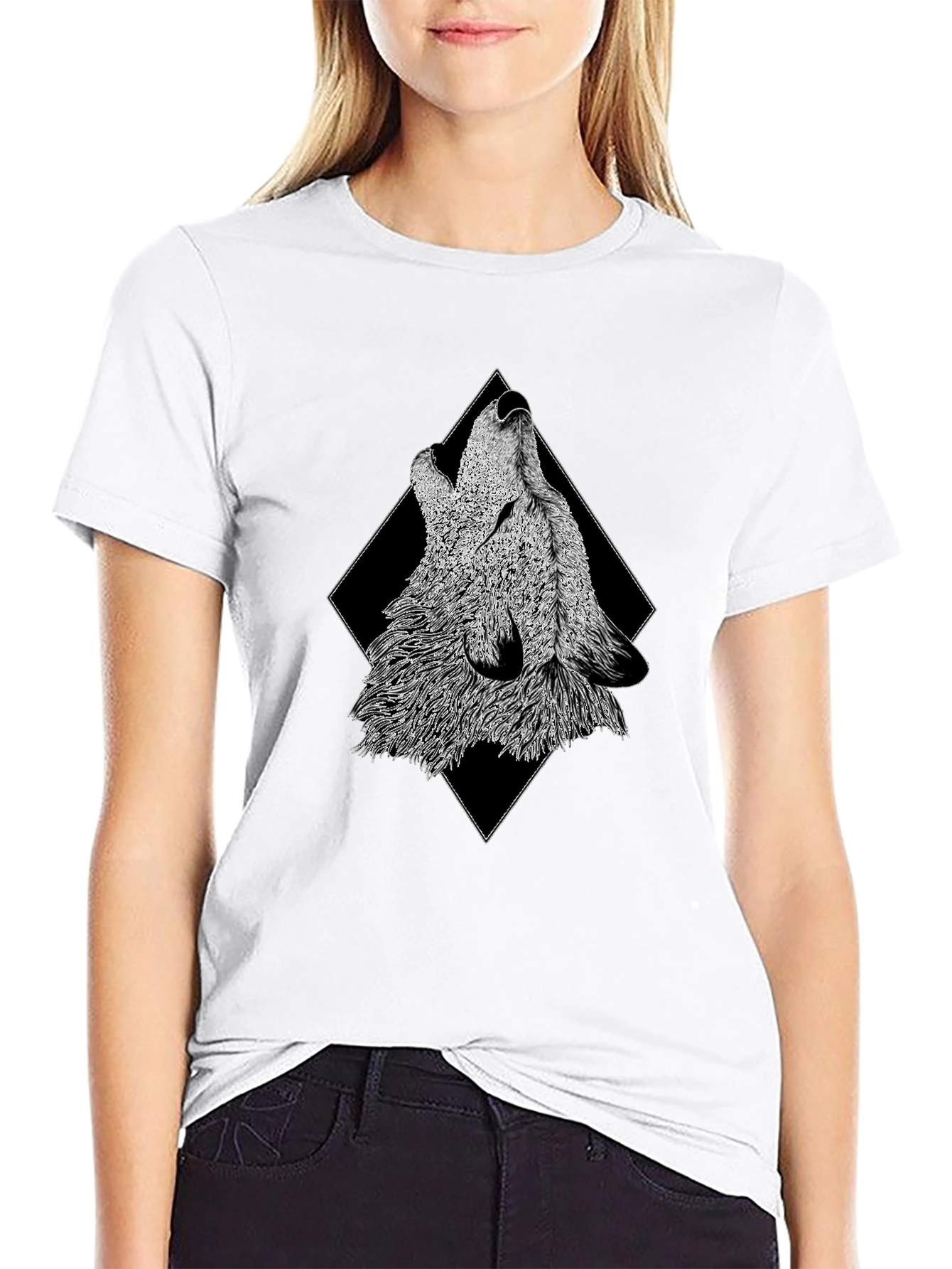 Black Howling Wolf Graphic Print Black T-Shirt view 9