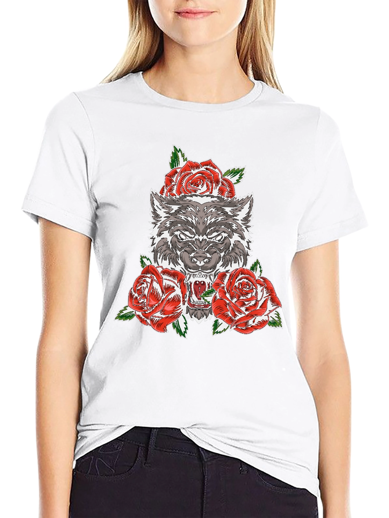 Black Wolf and Roses Graphic T-Shirt - Black view 9