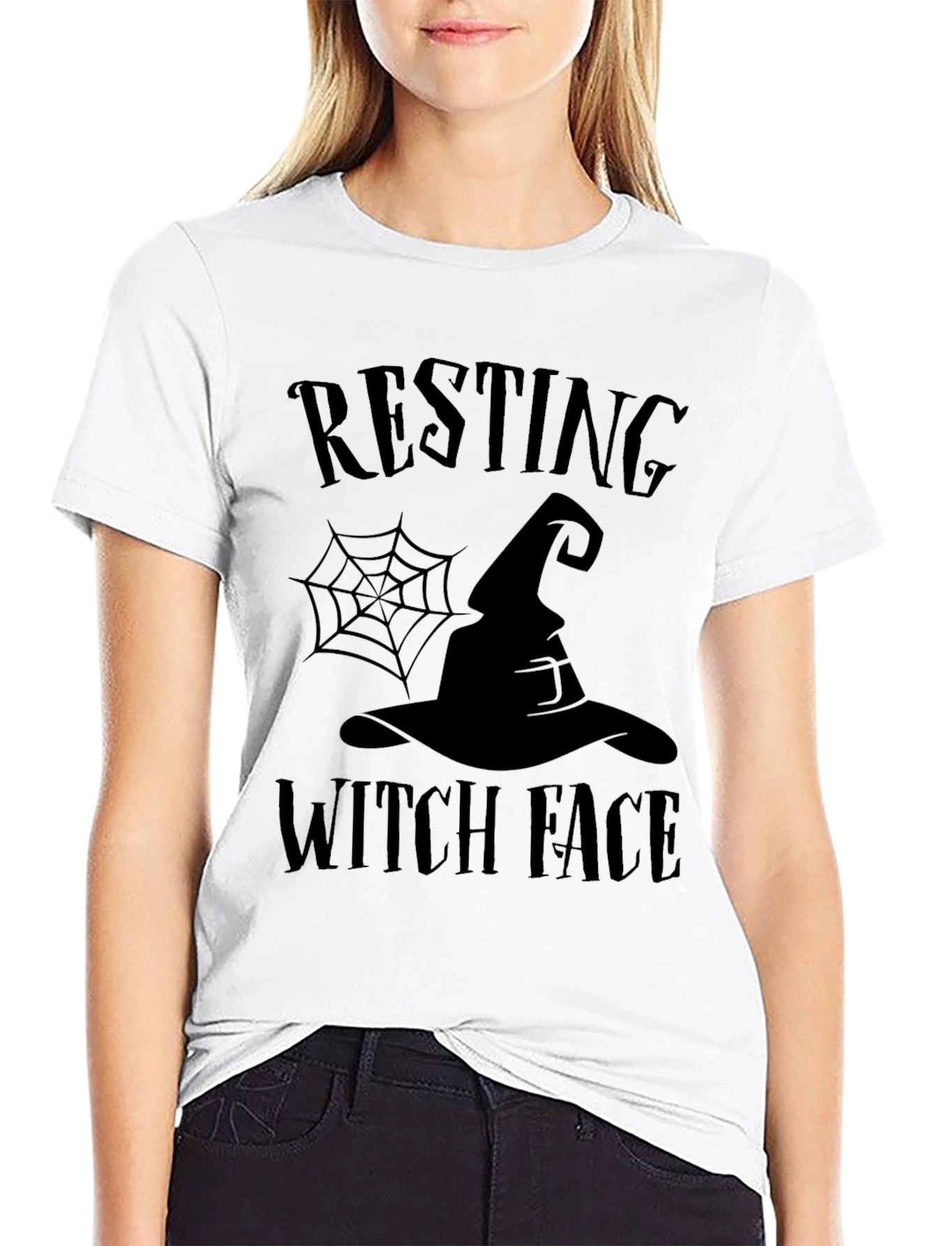 Black Resting Witch Face Halloween T-Shirt view 9