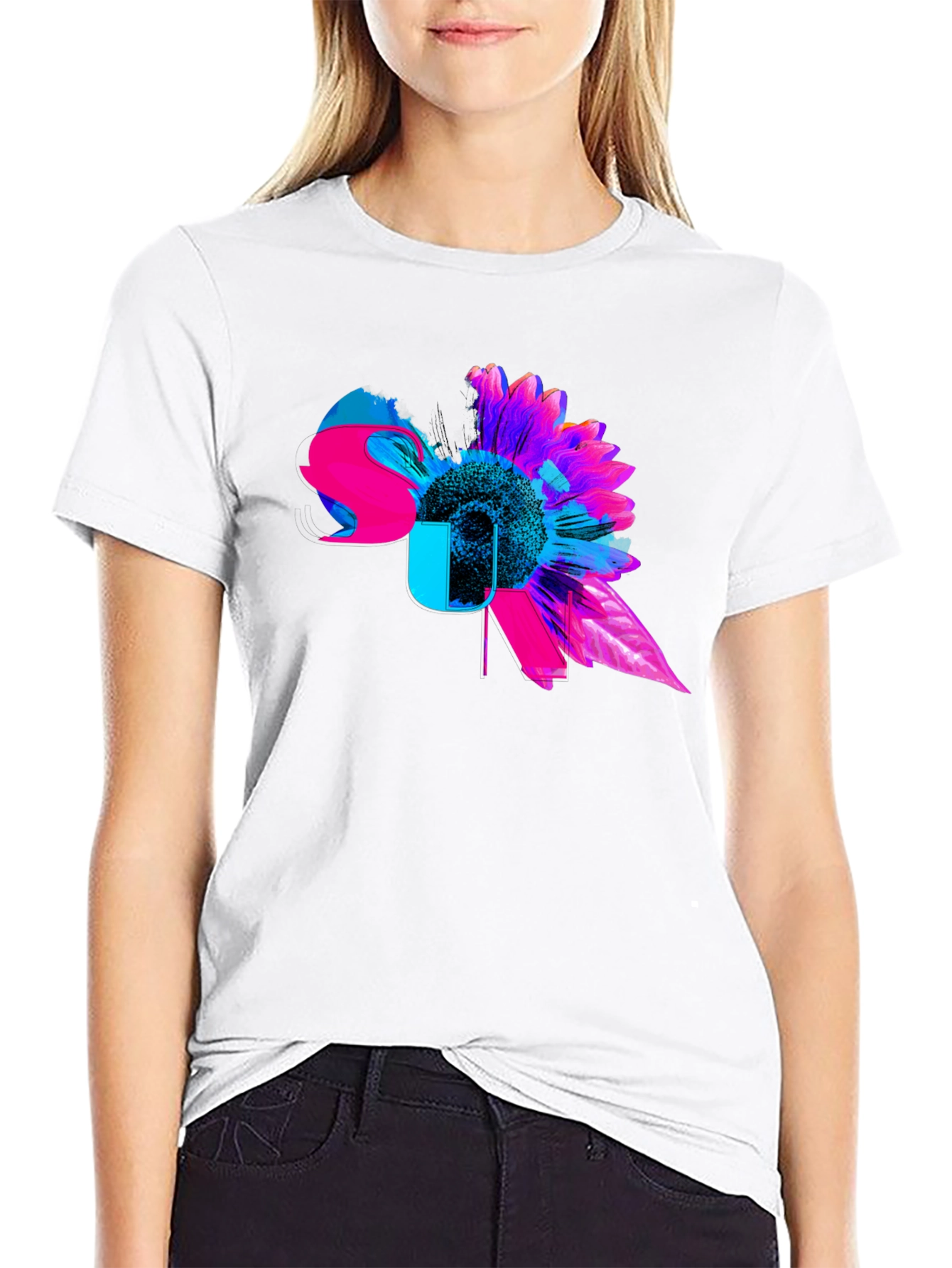 Black Vibrant Floral Graphic Tee - Modern Sunflower Design view 9