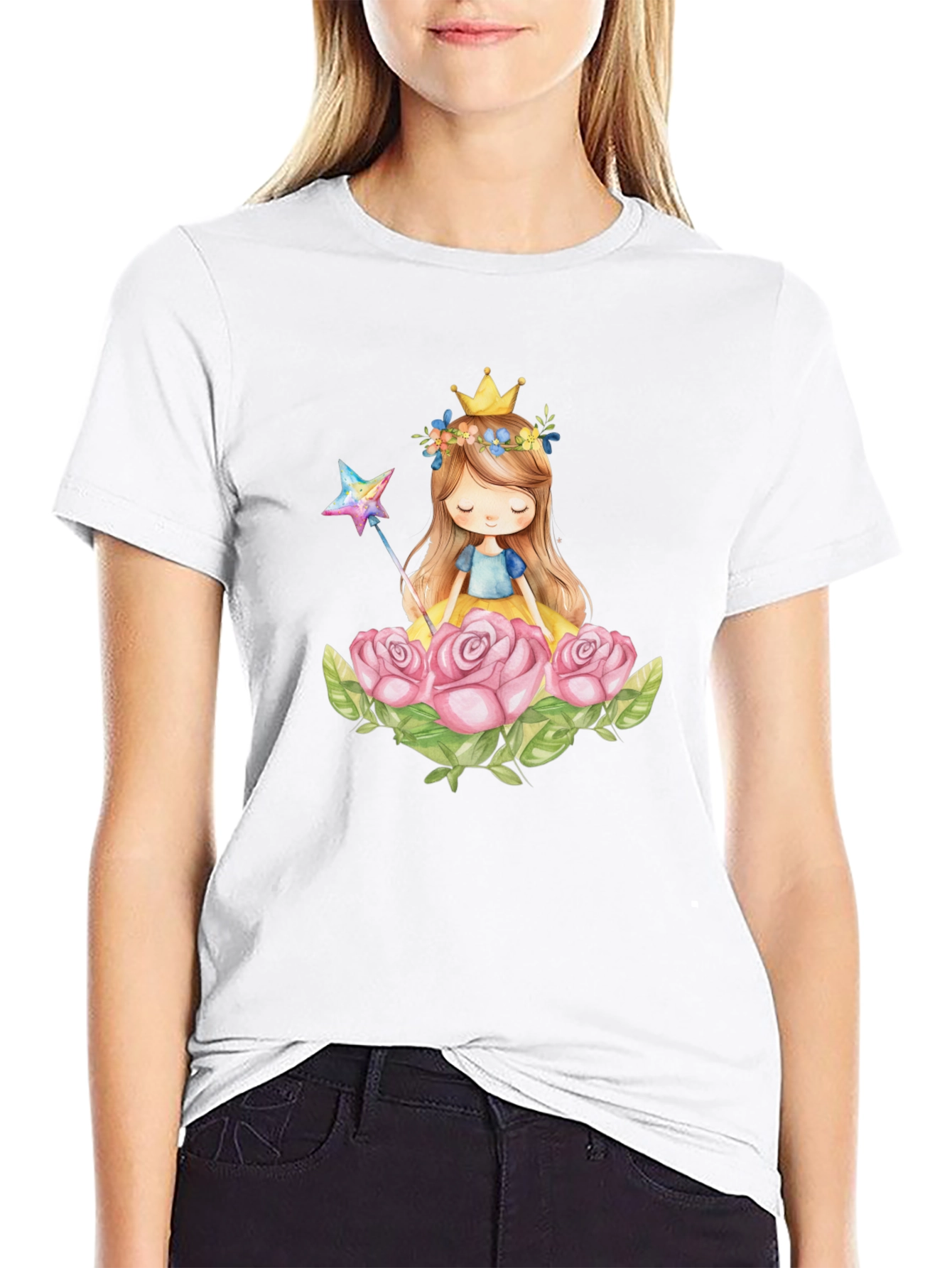 Black Princess Crown Rose Graphic Black T-Shirt view 9