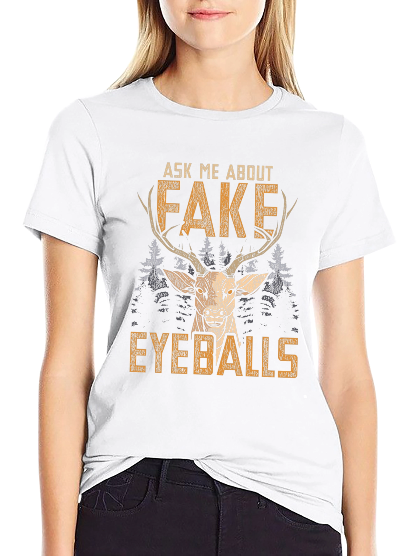 Black Funny "Fake Eyeballs" Deer Graphic T-Shirt view 9