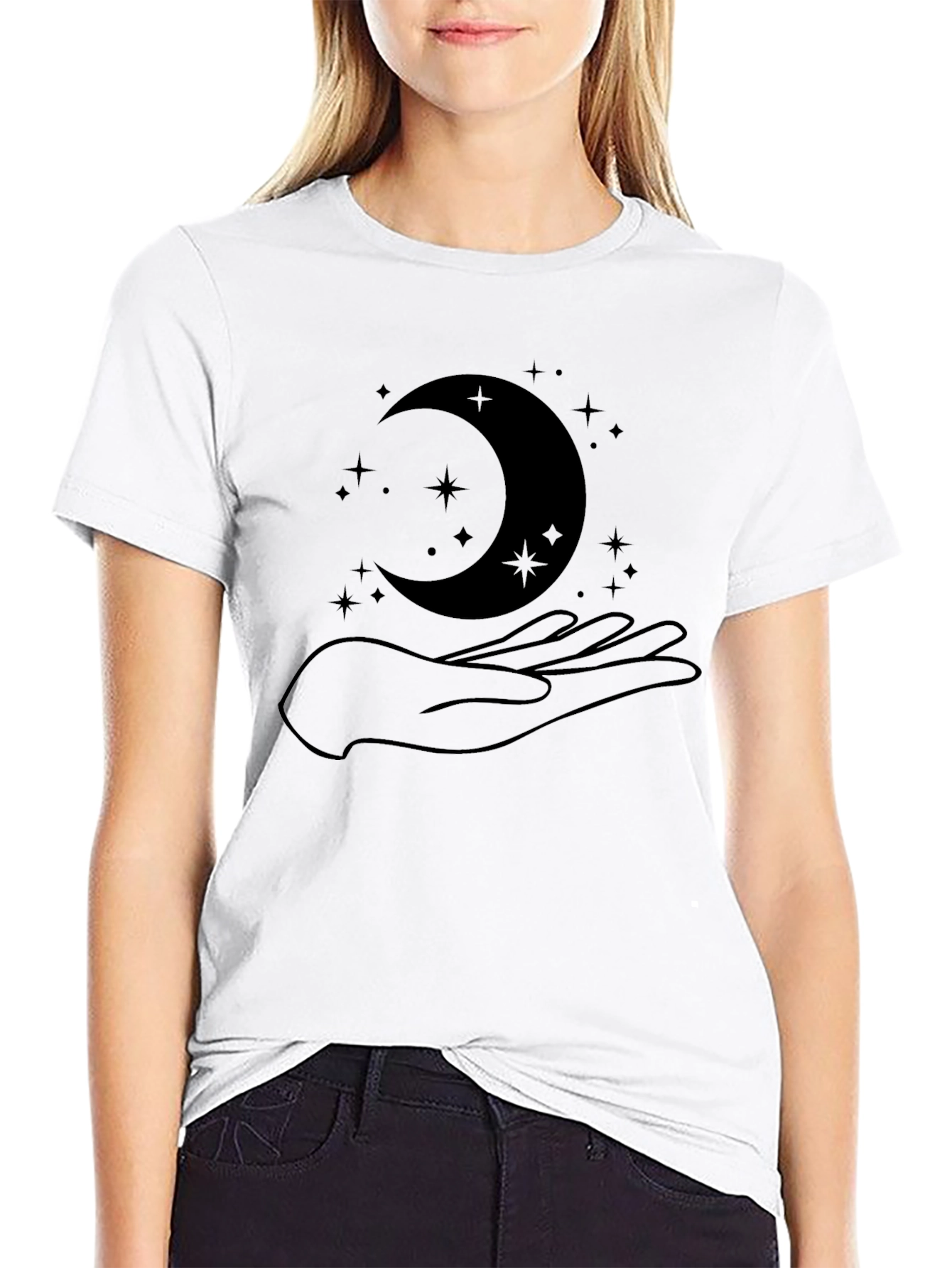 Black Mystic Moon & Hand Graphic Black T-Shirt view 9