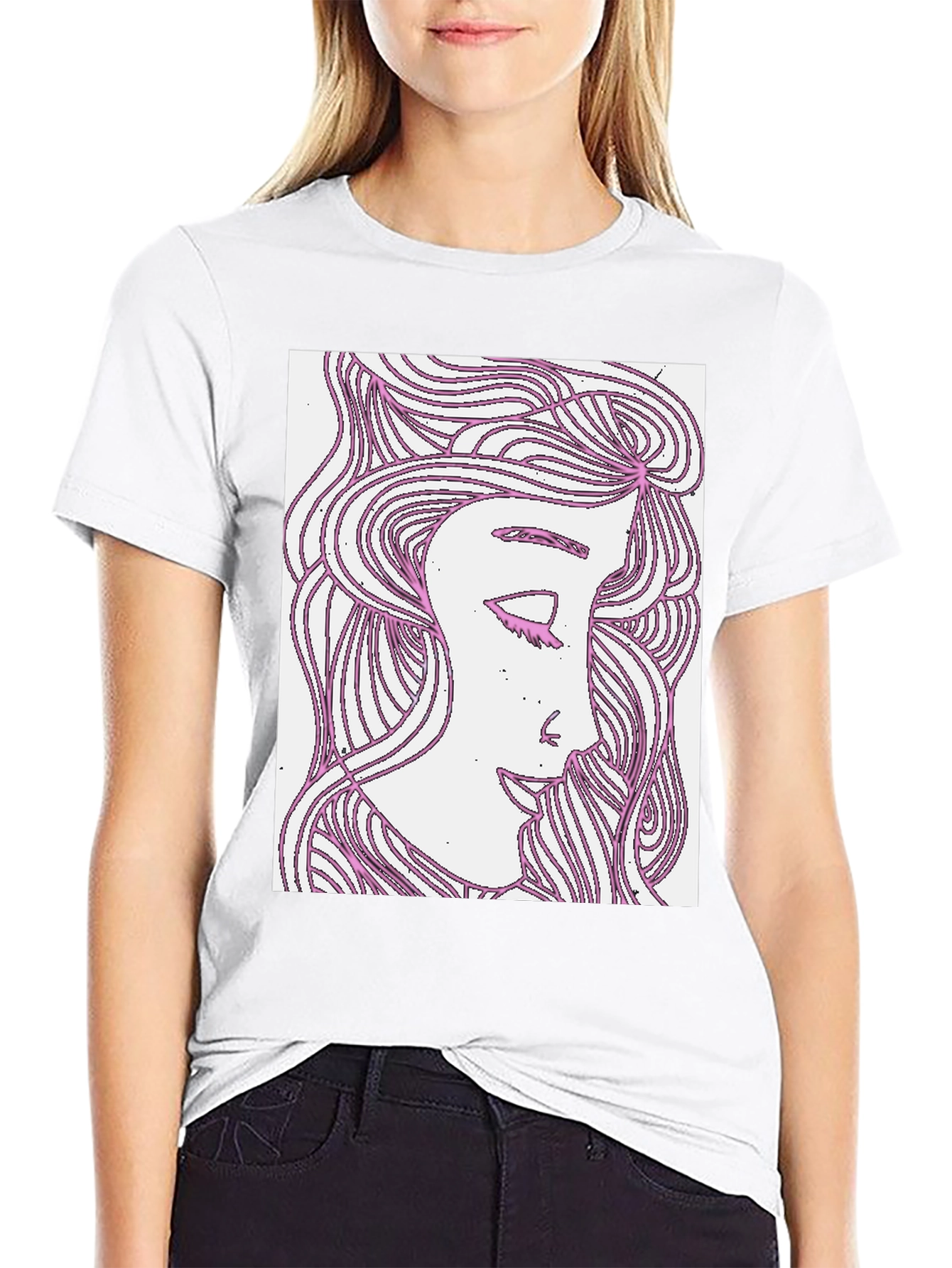 Black Abstract Woman Graphic Tee - Black Cotton T-Shirt view 9
