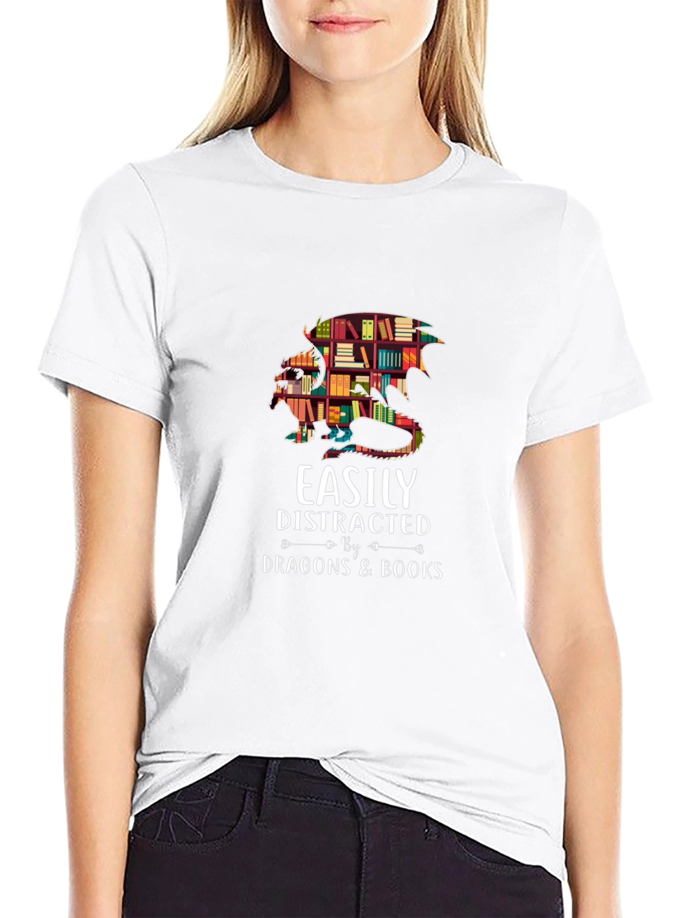 Black Easily Distracted By Dragons & Books Black T-Shirt view 9