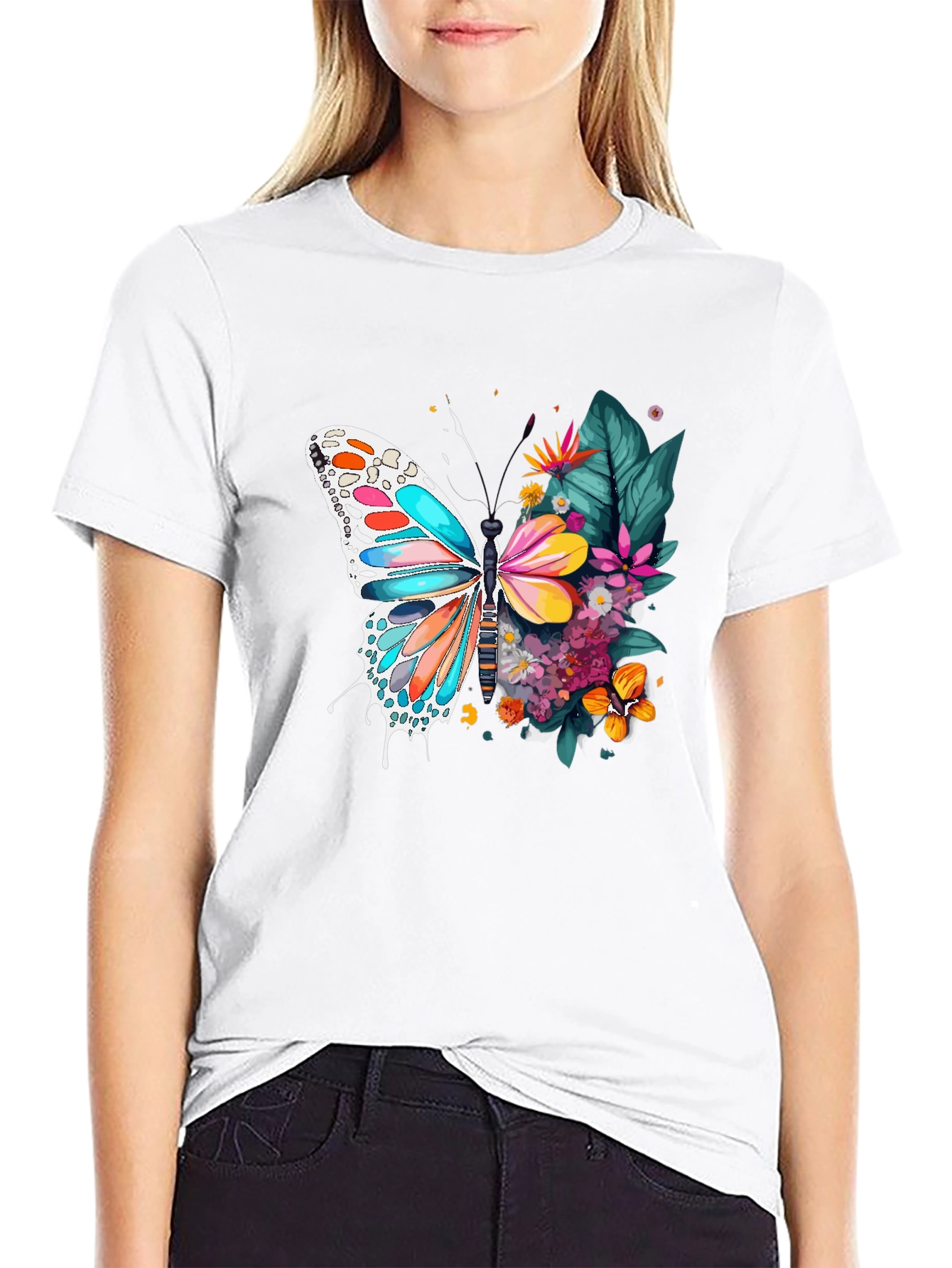 Black Floral Butterfly Graphic Tee - Unique Design! view 9