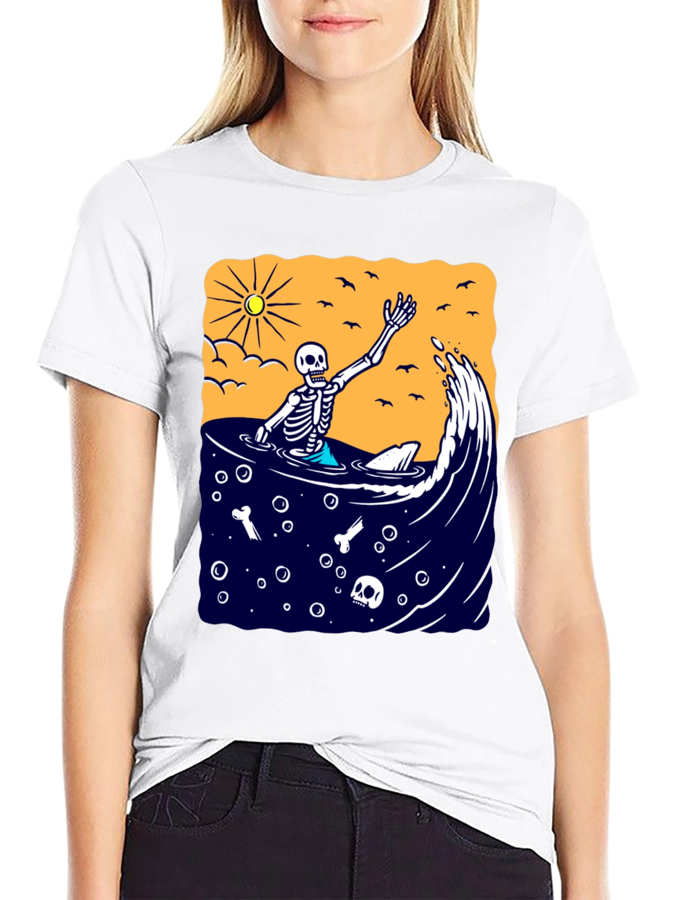 Black Skeleton Surfer T-Shirt - Beach Vibe Graphic Tee view 9
