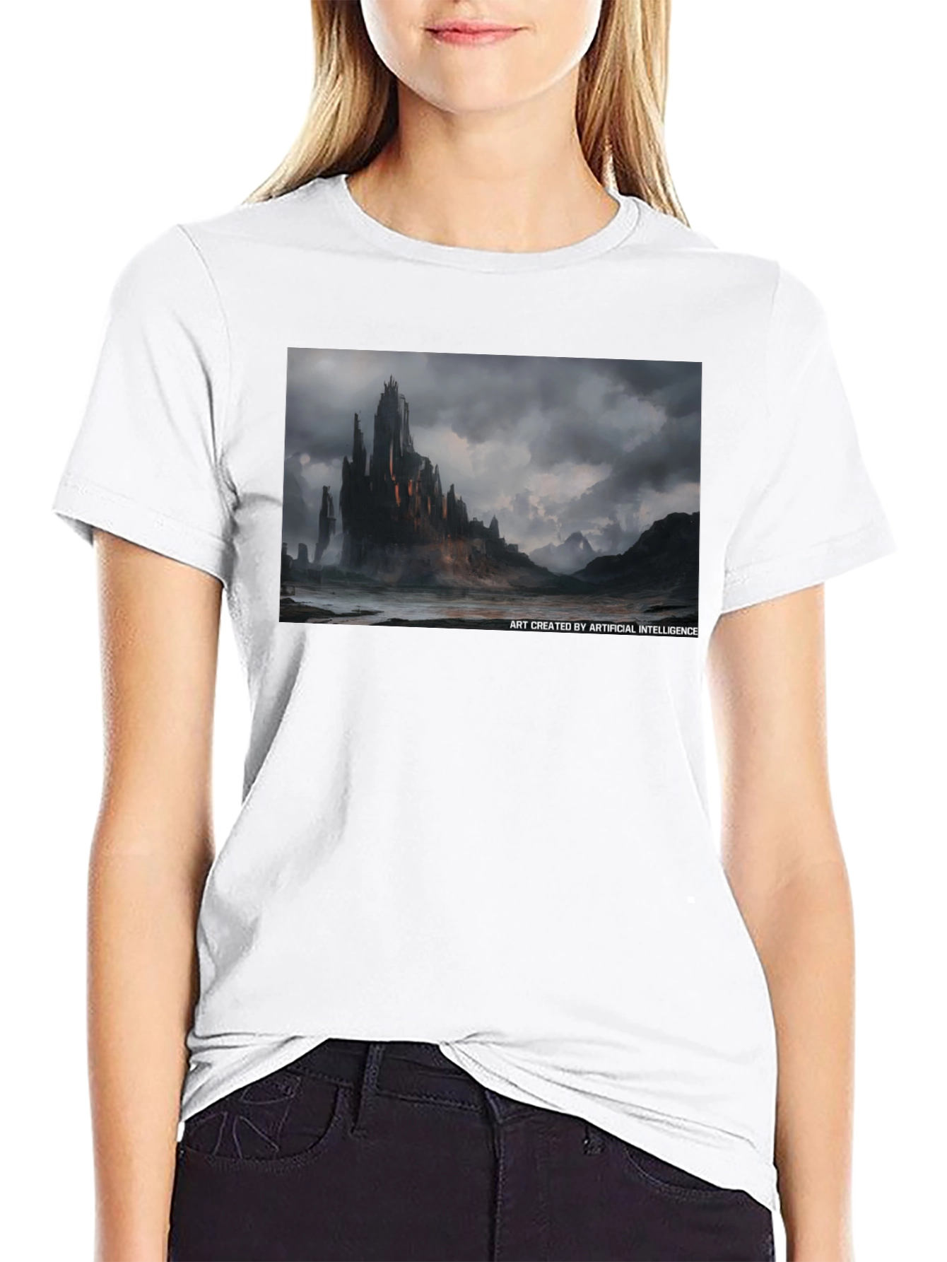 Black Dark Castle AI Art Black Tee - Unique Graphic T-Shirt view 9