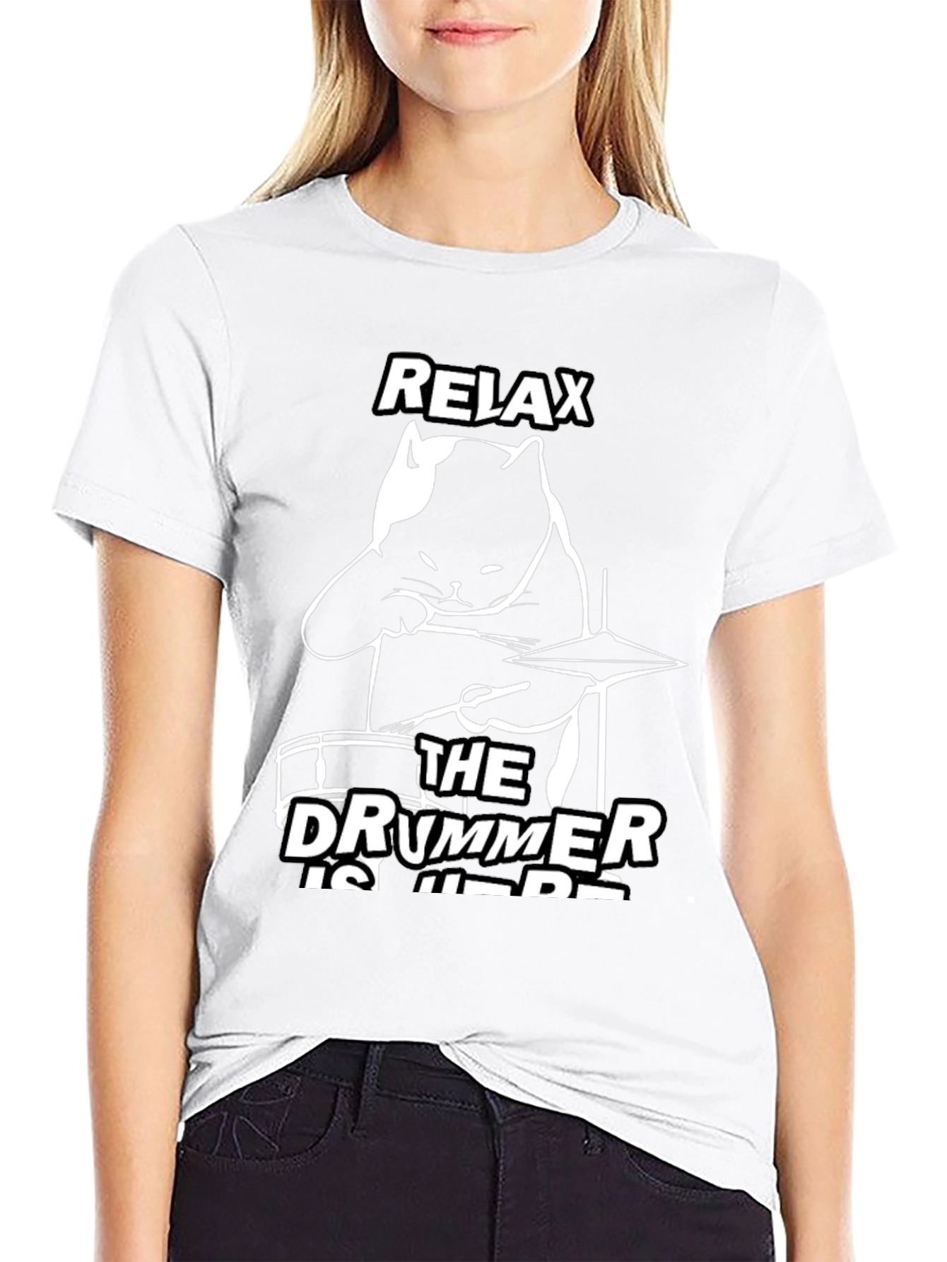 Black Relax The Drummer Is Here Black Cat T-Shirt view 9