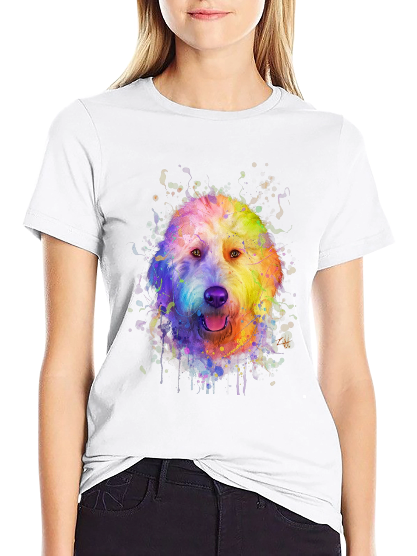 Black Rainbow Doodle Dog Graphic Tee - Black Cotton T-Shirt view 9