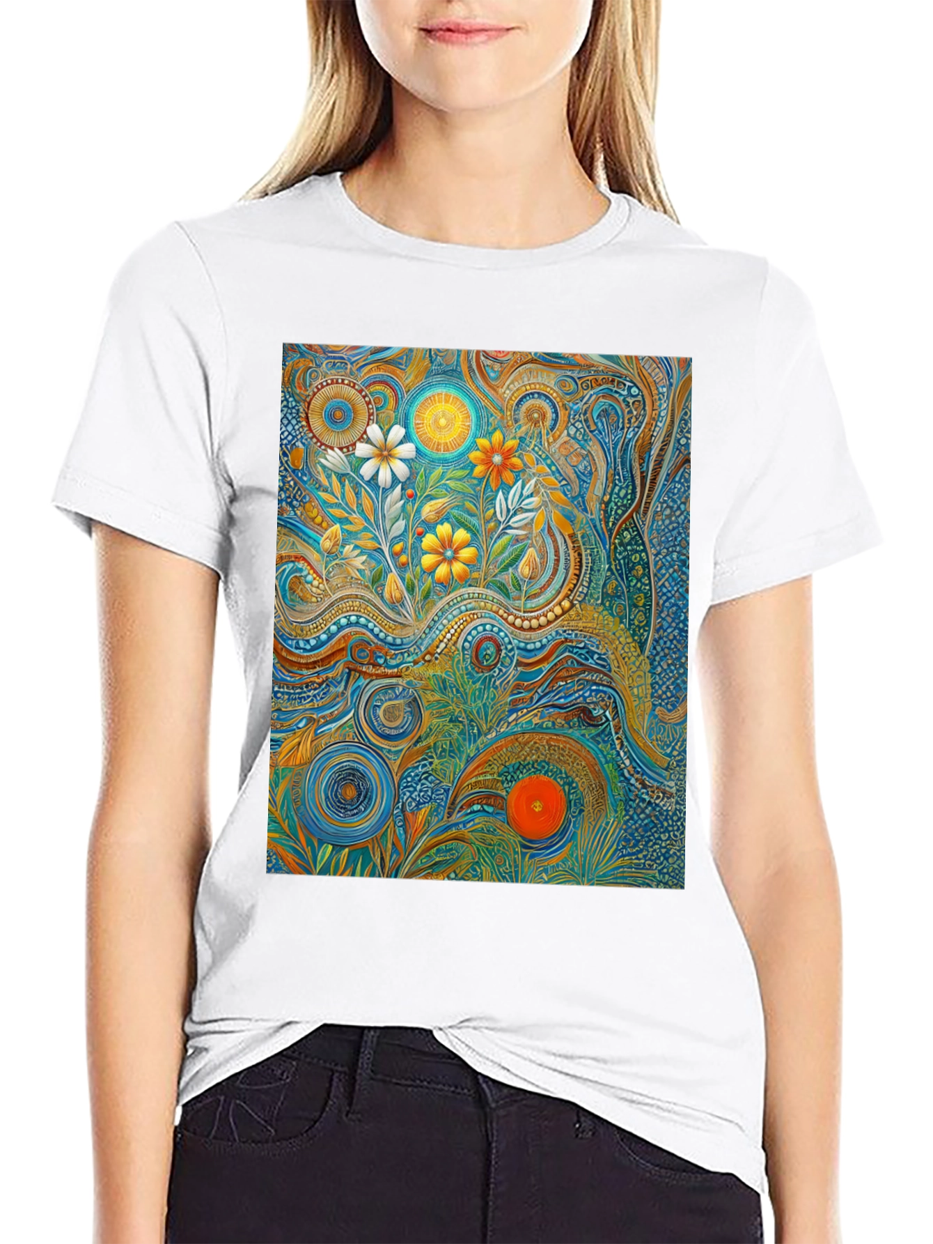 Black Psychedelic Floral Art T-Shirt view 9